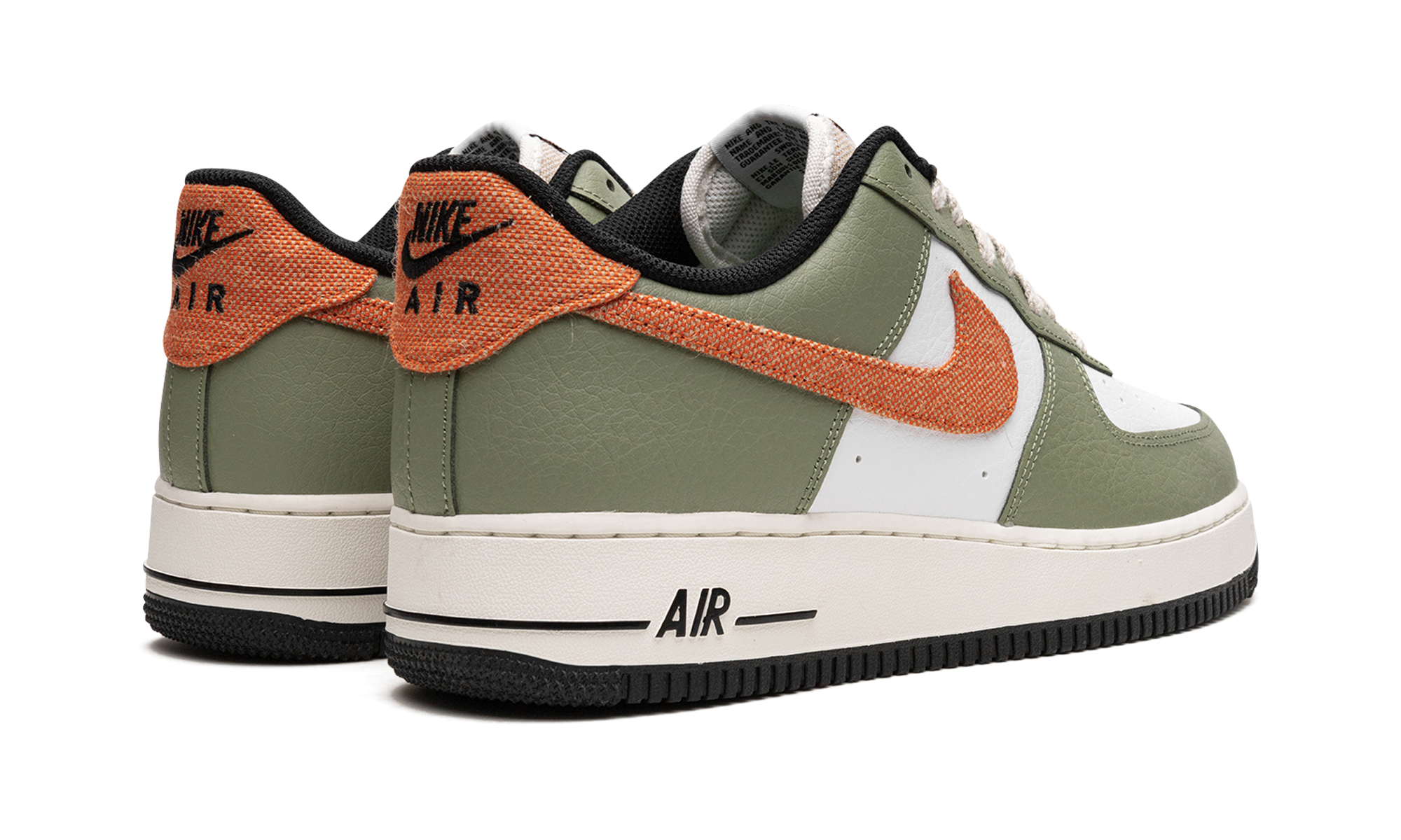 nike air force 1 low 07 oil green orange+FD0758-386+diagnol right behind view