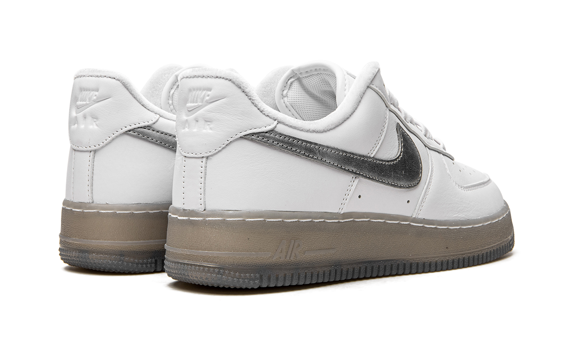 nike air force 1 low 07 prm white metallic silver+DX3945-100+diagnol right behind view