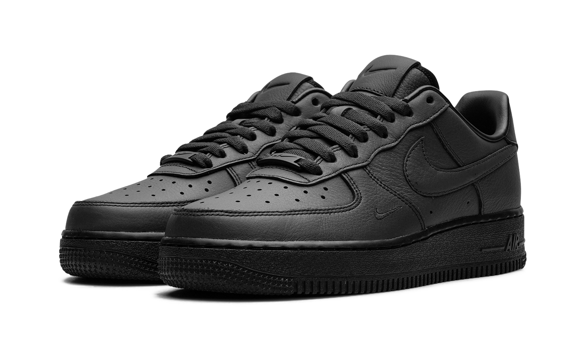 nike air force 1 low swoosh dirty triple black+HJ9348-001+diagnol left view