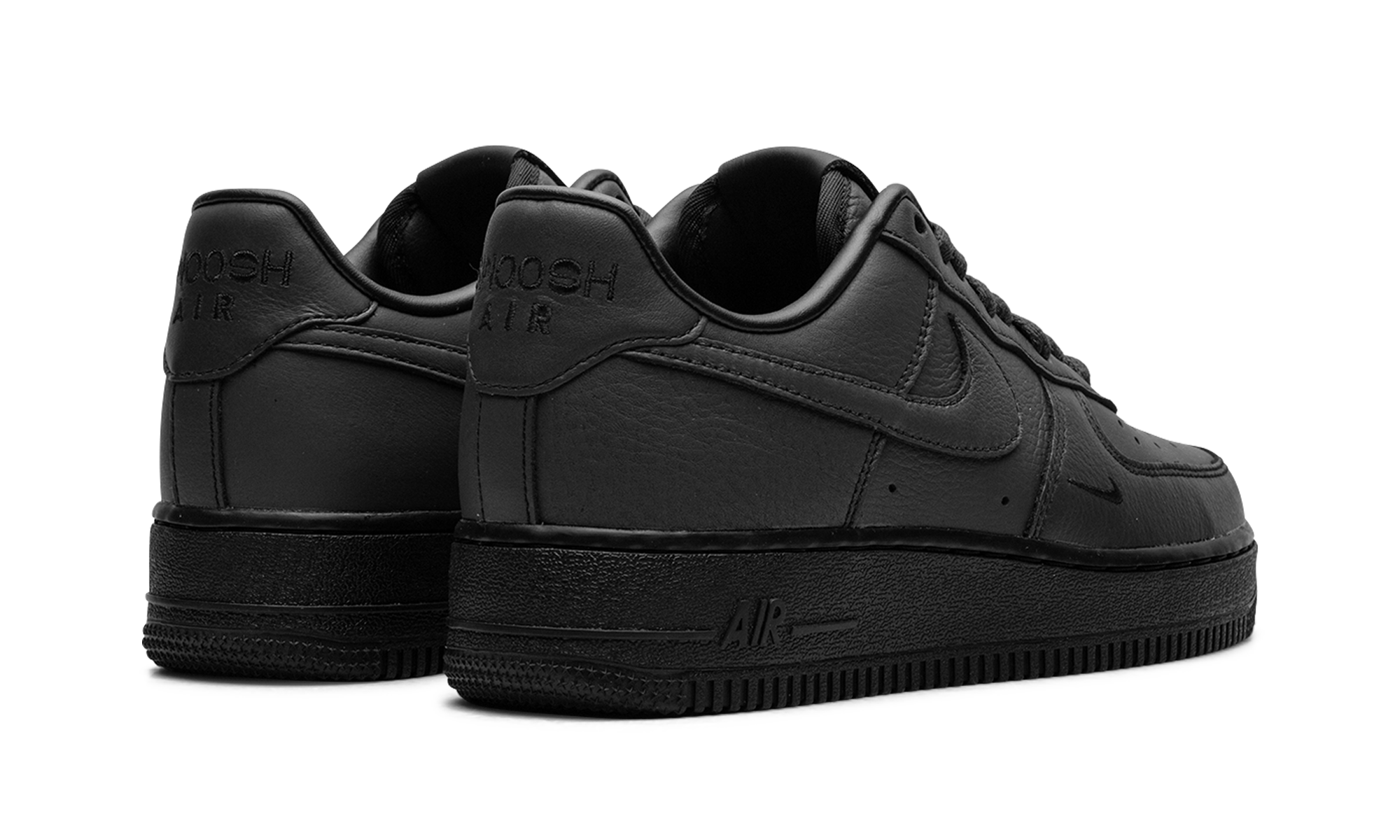 nike air force 1 low swoosh dirty triple black+HJ9348-001+diagnol right behind view