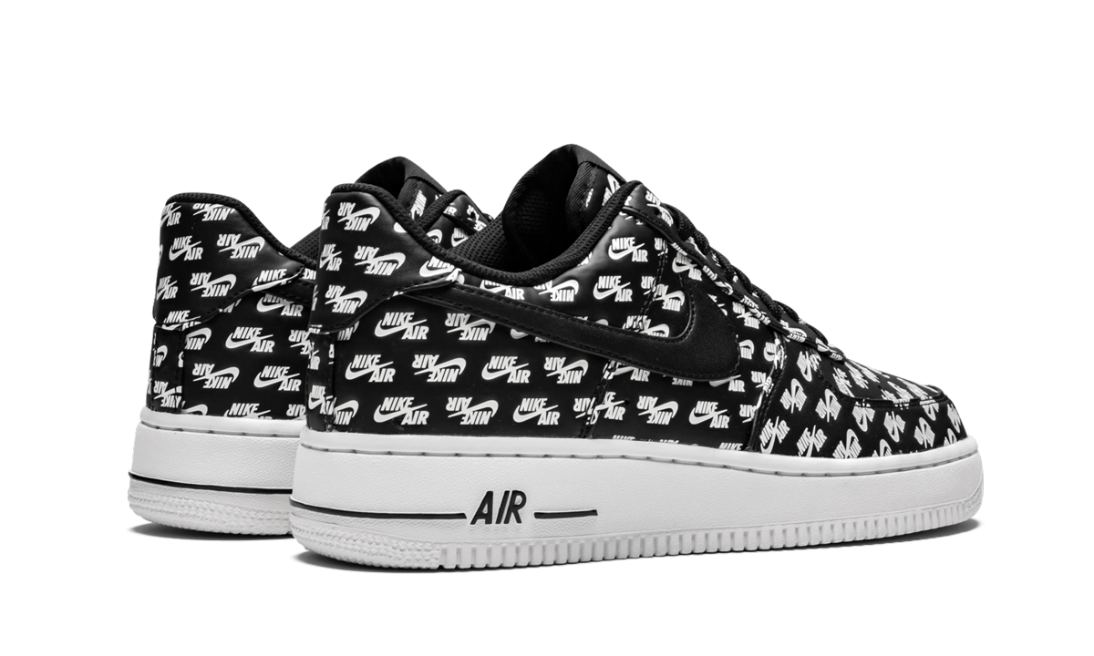 nike air force 1 low all over logo black+AH8462-001+diagnol right behind view