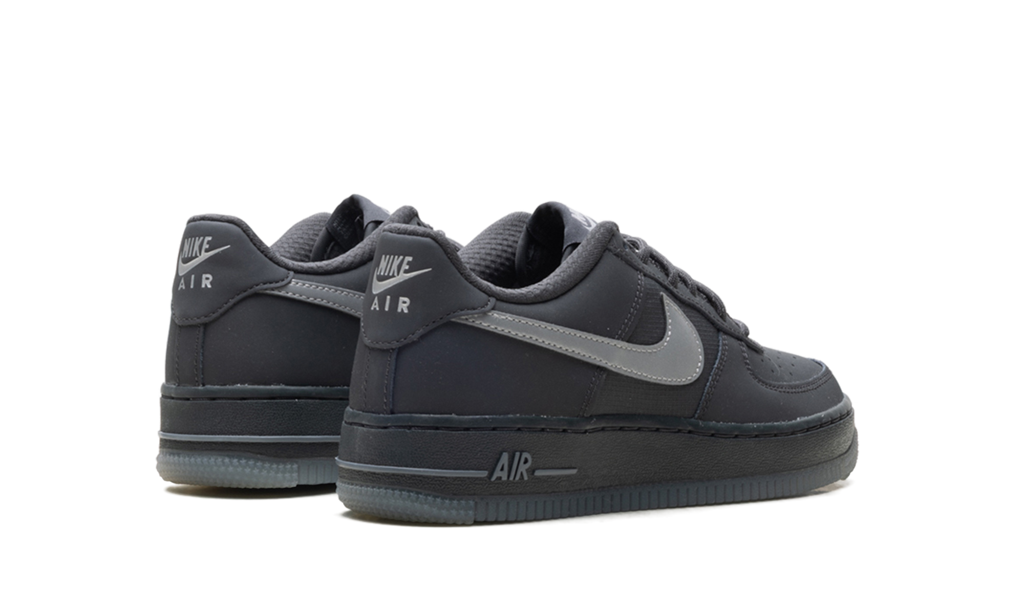 nike air force 1 low anthracite reflective silver gs+FV3980-001+diagnol right behind view