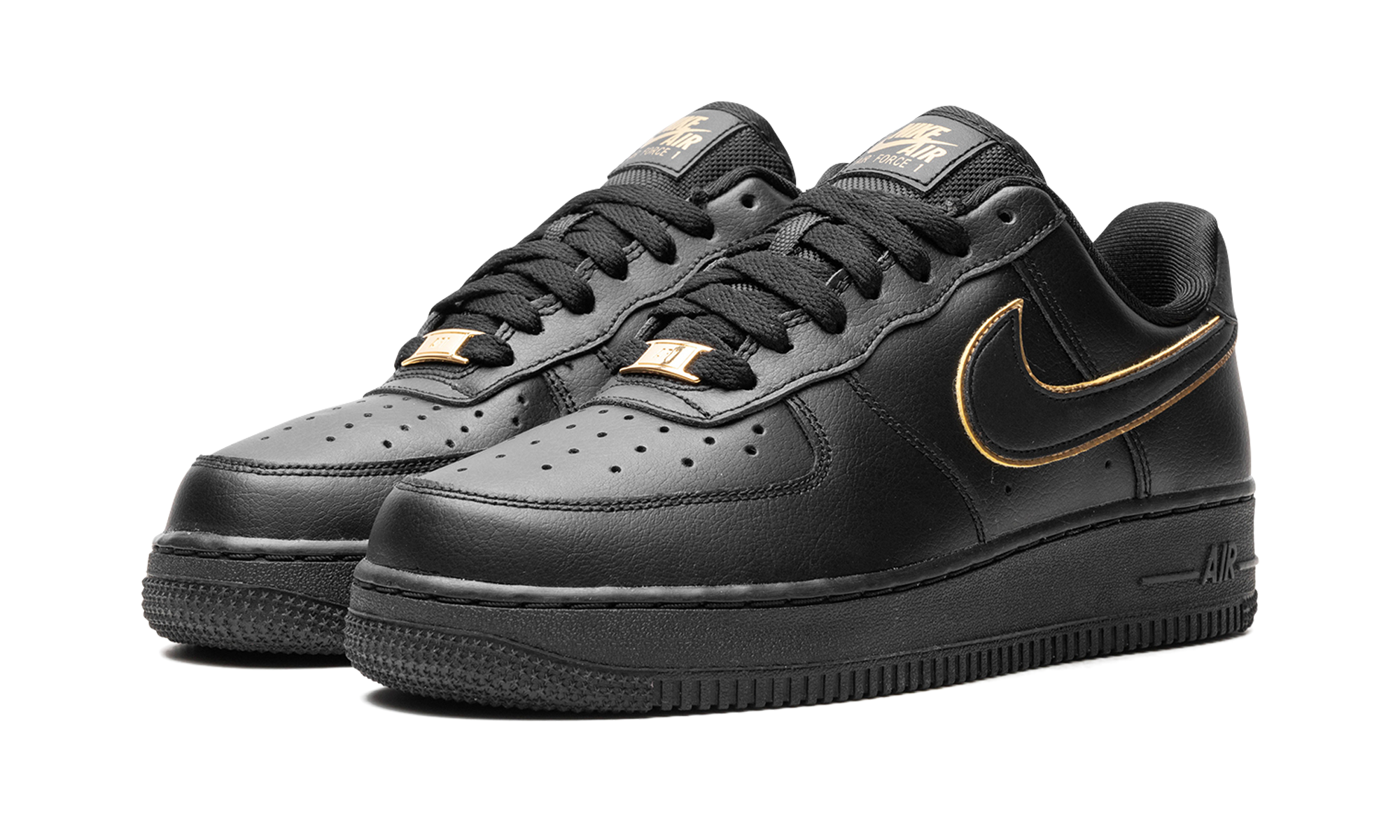 nike air force 1 low black gold swoosh women s+AO2132-005+diagnol left view