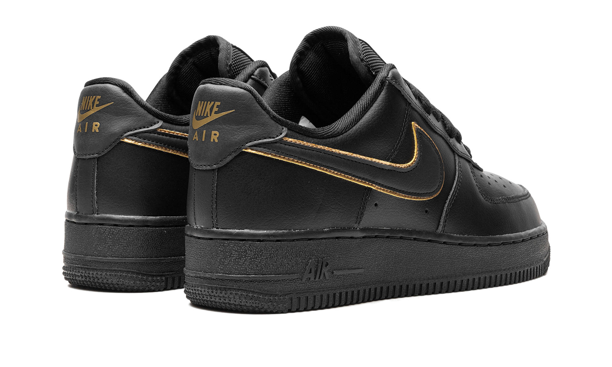 nike air force 1 low black gold swoosh women s+AO2132-005+diagnol right behind view
