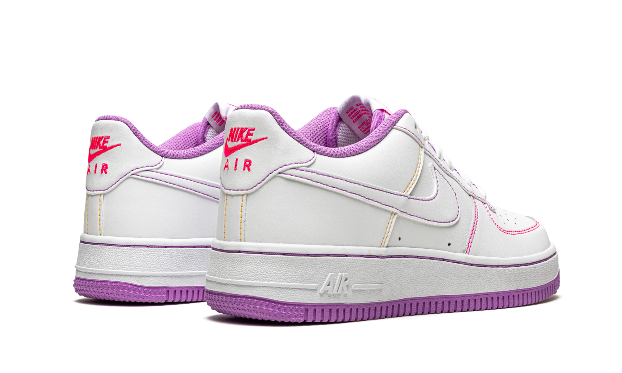 nike air force 1 low contrast stitch fuchsia glow gs+CW1575-110+diagnol right behind view