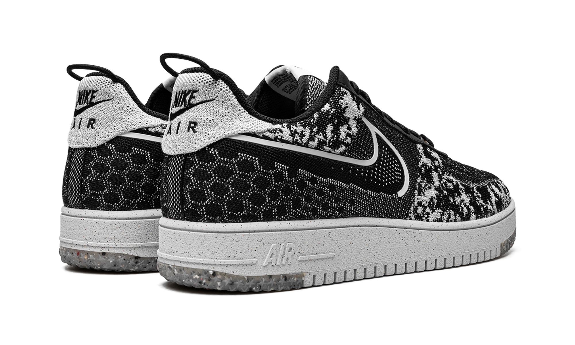 nike air force 1 low crater flyknit black white melange+DM0590-001+diagnol right behind view