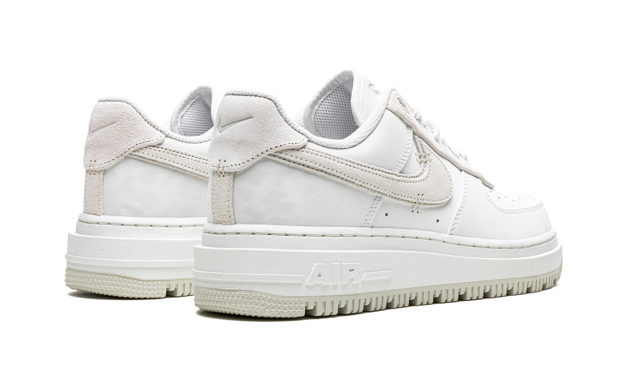 nike air force 1 low luxe summit white light bone+DD9605-100+diagnol right behind view