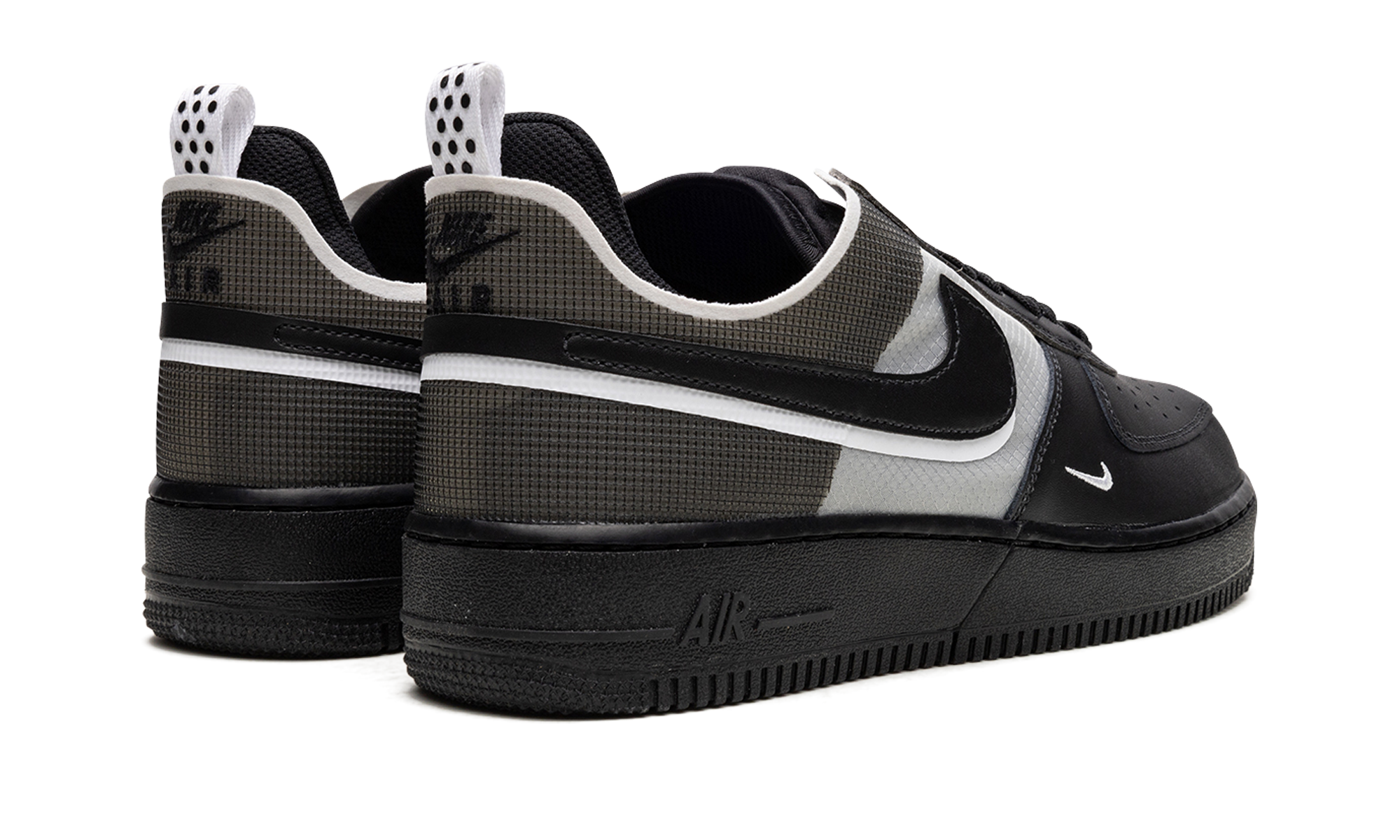 nike air force 1 low react black white+DM0573-002+diagnol right behind view