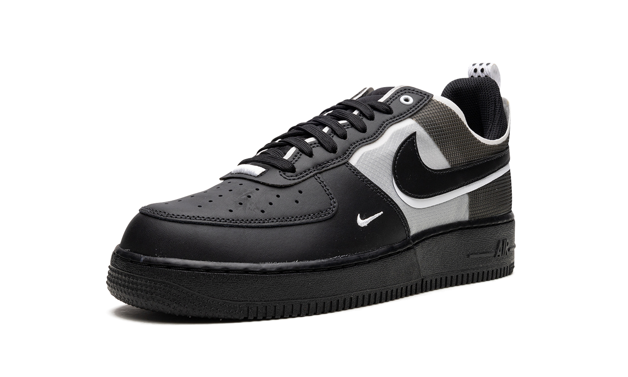 nike air force 1 low react black white+DM0573-002+left diagnol single view