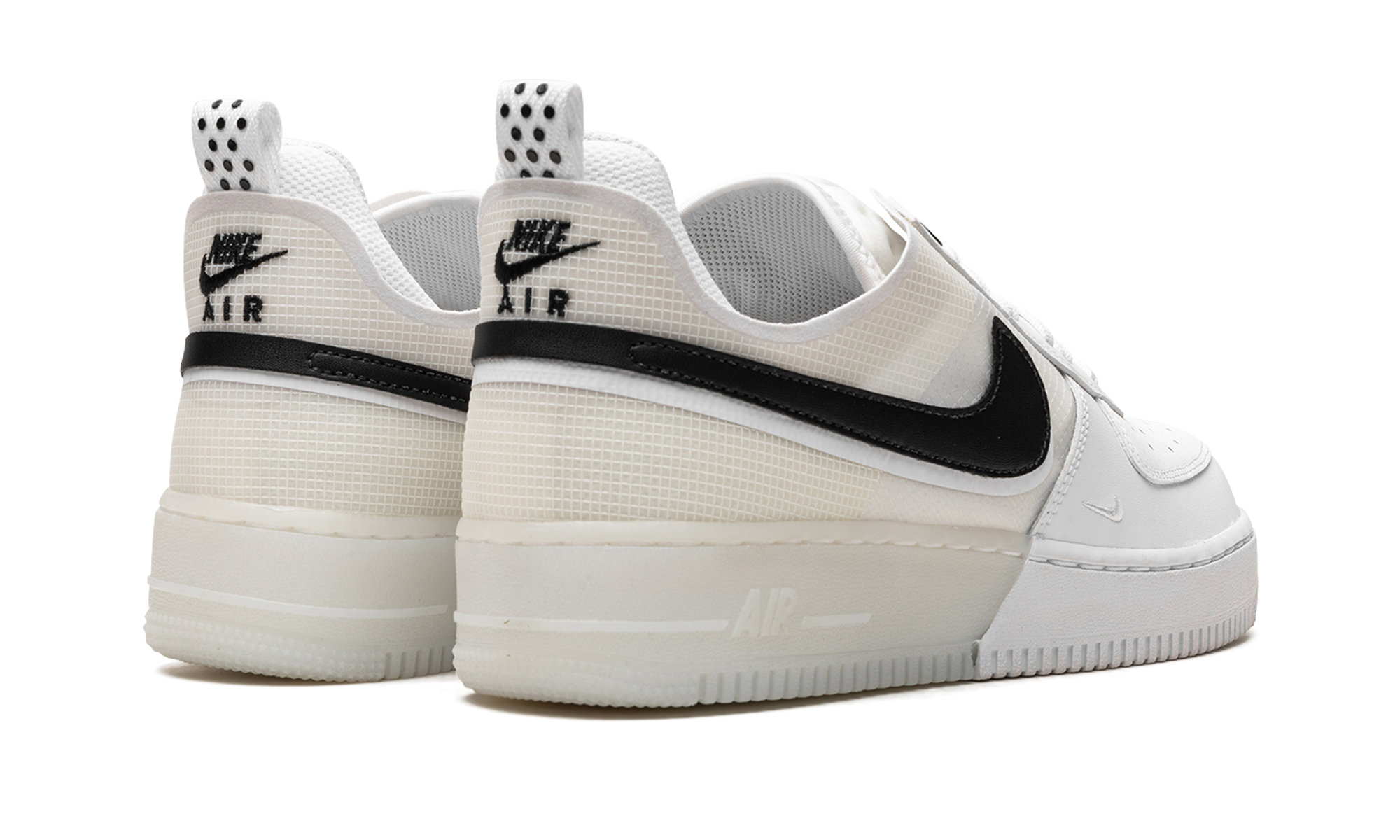 nike air force 1 low react white black+DV0808-101+diagnol right behind view