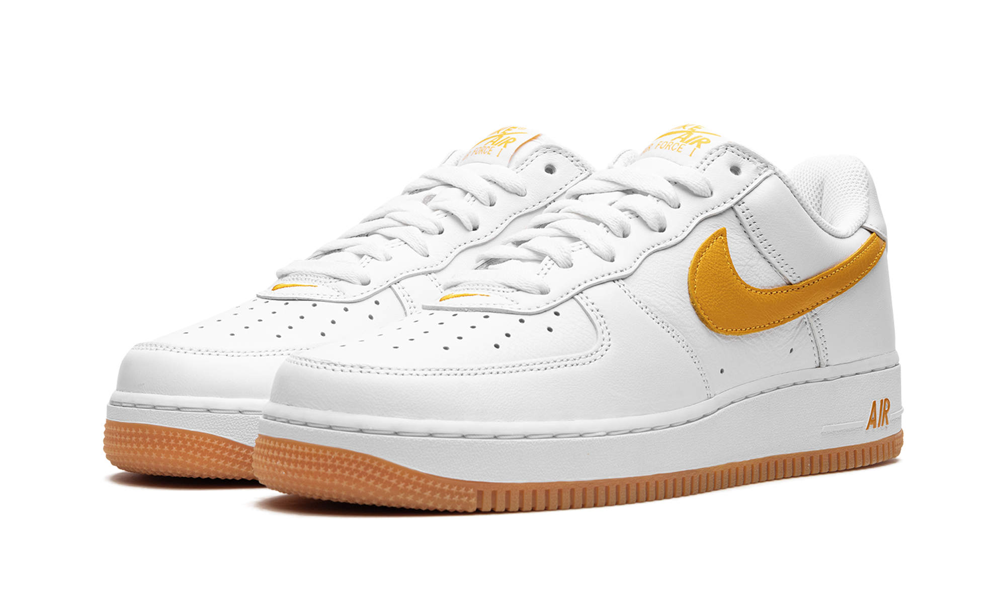 nike air force 1 low retro qs color of the month white university gold+FD7039-100+diagnol left view