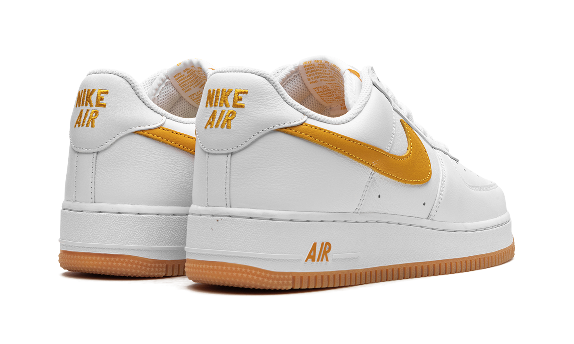 nike air force 1 low retro qs color of the month white university gold+FD7039-100+diagnol right behind view