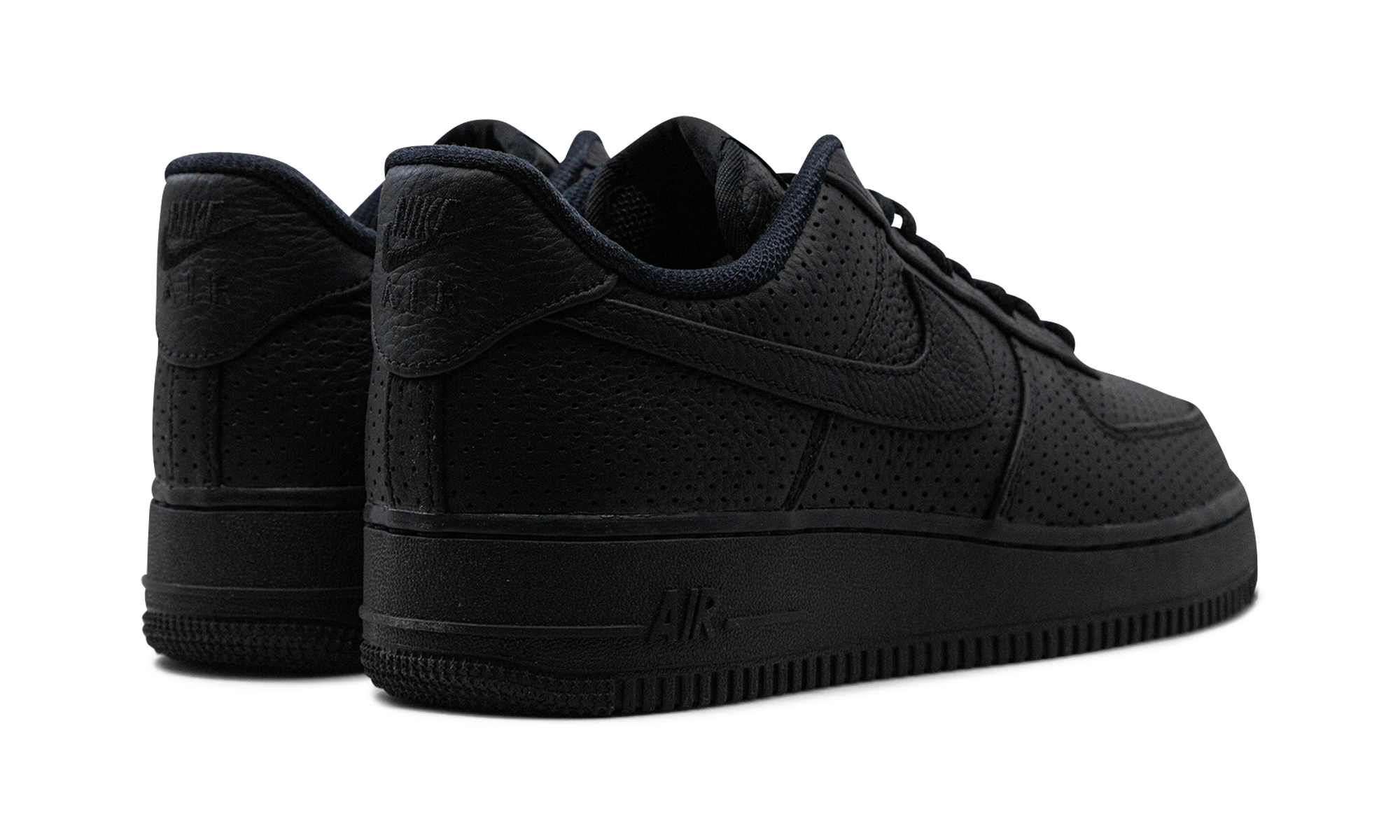 nike air force 1 low sp triple black perforated+HF8189-001+diagnol right behind view