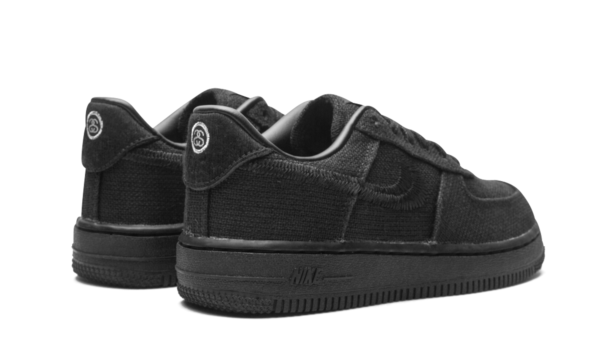 nike air force 1 low stussy black ps+DD1578-001+diagnol right behind view
