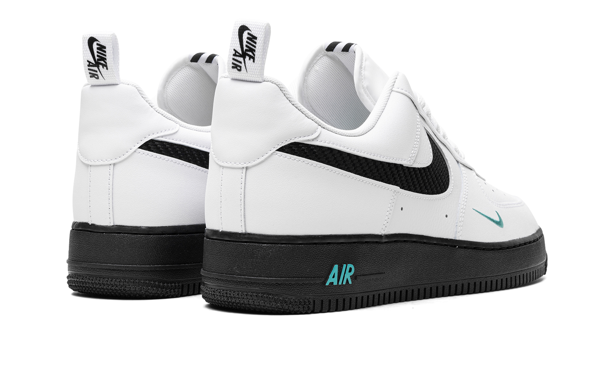 nike air force 1 low white black teal+DR0155-100+diagnol right behind view