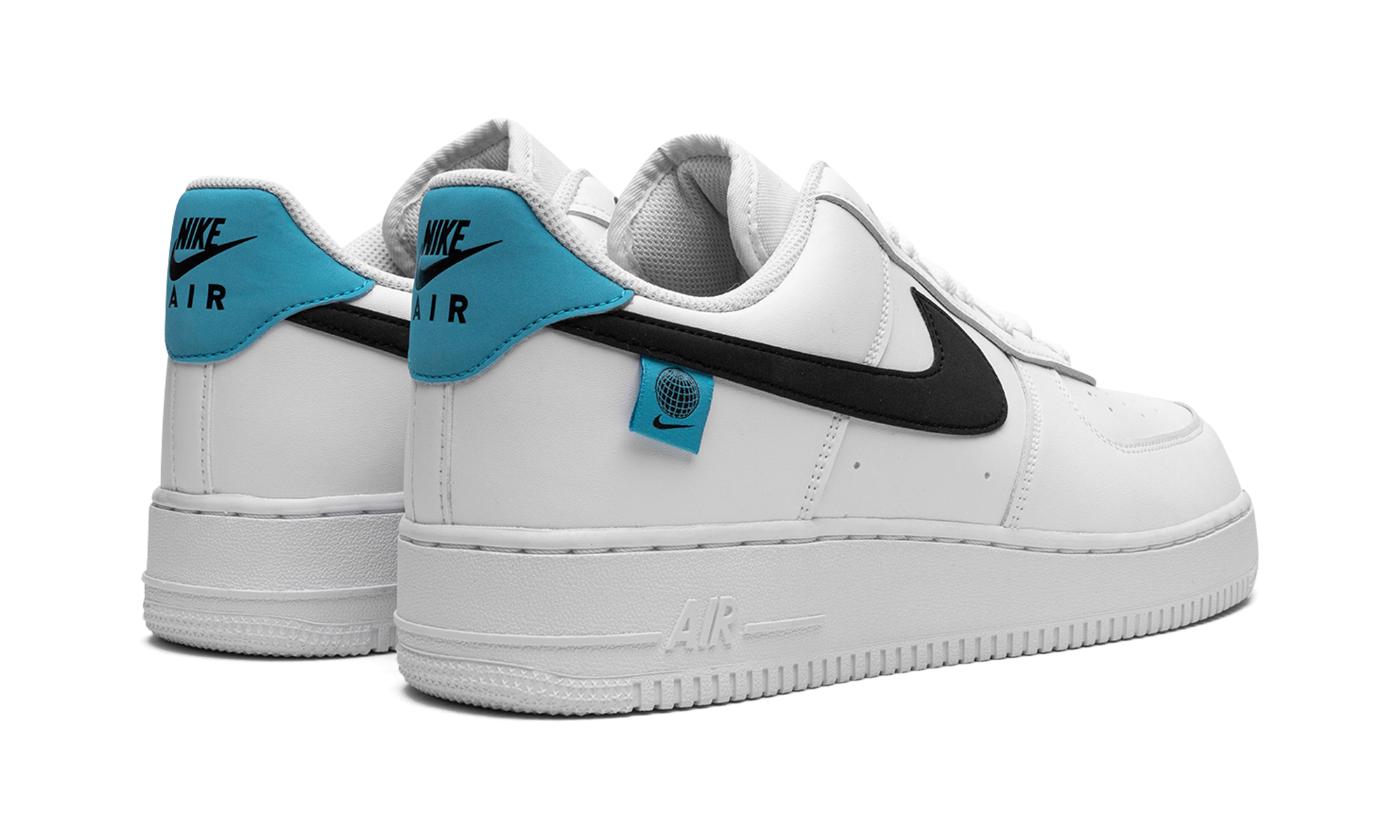 nike air force 1 low worldwide white blue fury black+CK7648-100+diagnol right behind view