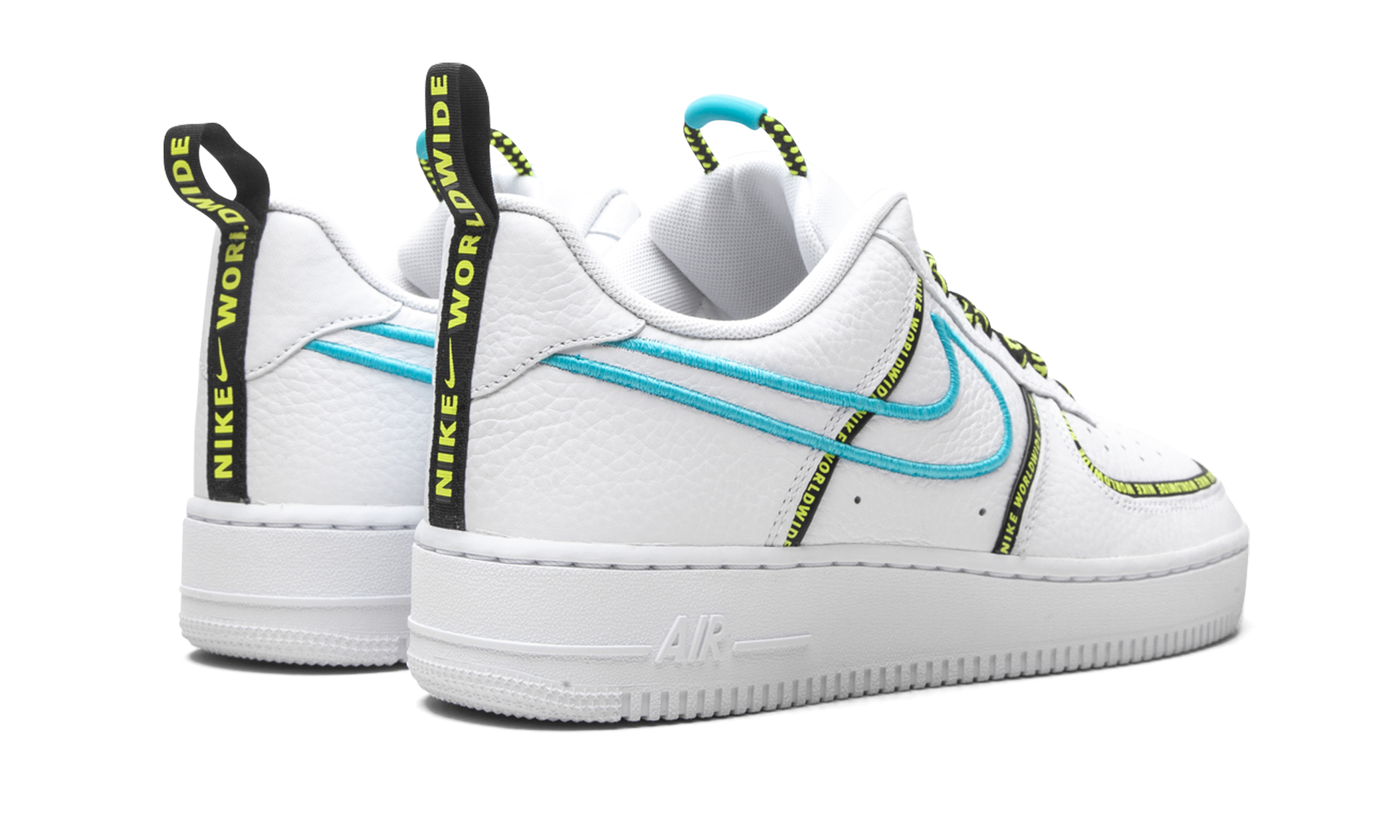 nike air force 1 low worldwide white blue fury volt+CK7213-100+diagnol right behind view