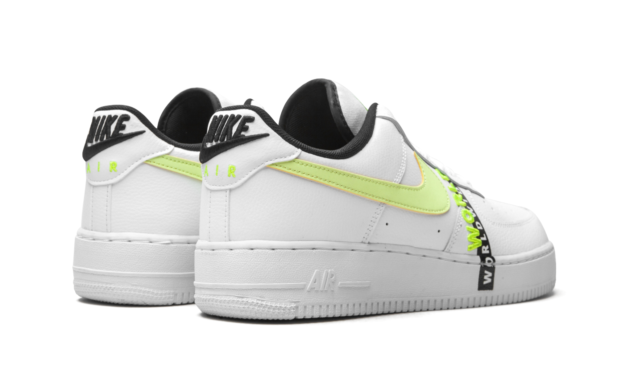 nike air force 1 low worldwide white volt+CK6924-101+diagnol right behind view