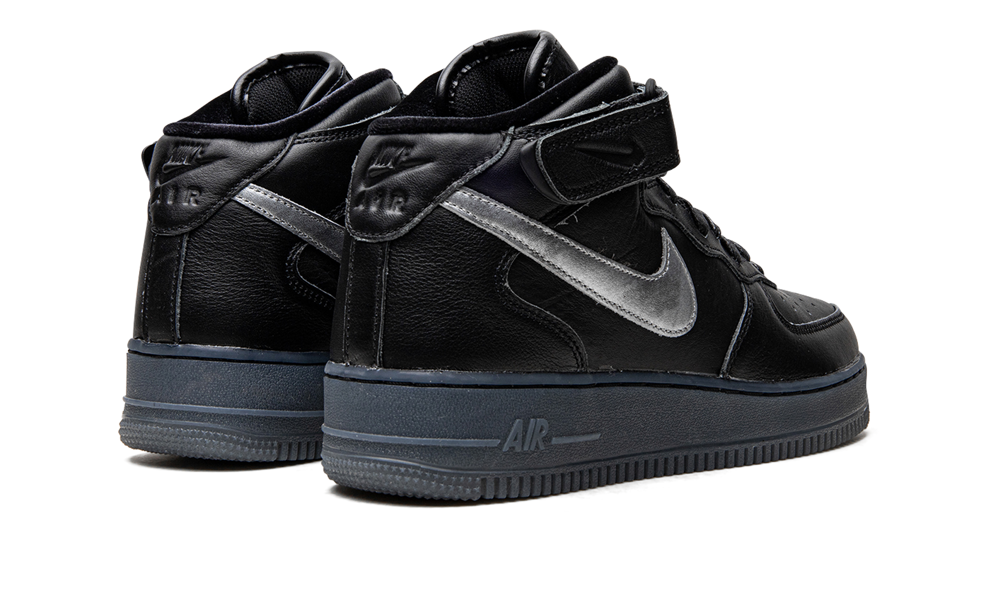 nike air force 1 mid prm black metallic silver+DX3061-001+diagnol right behind view