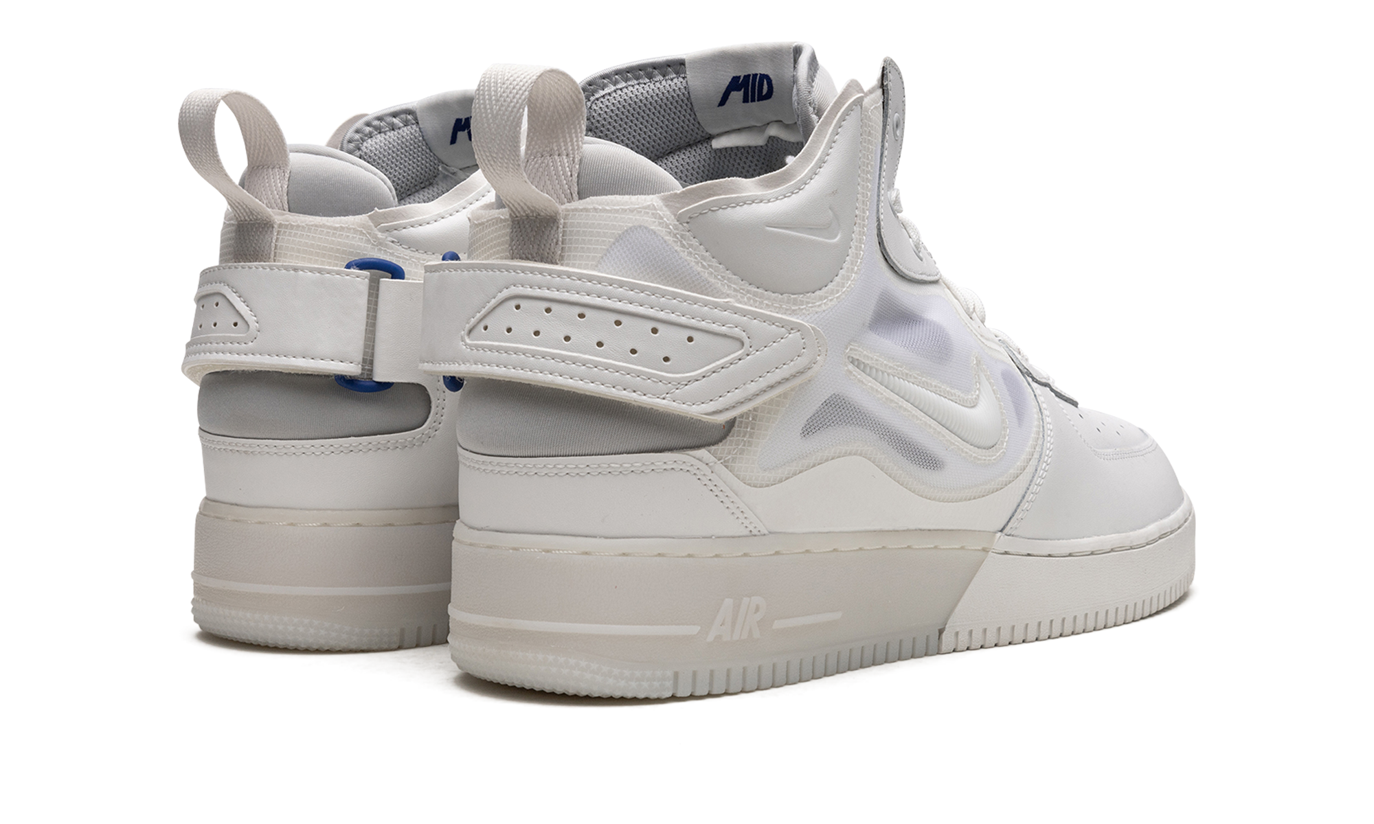nike air force 1 mid react summit white+DQ1872-101+diagnol right behind view
