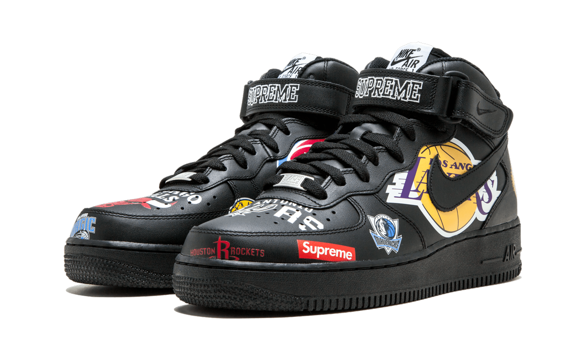nike air force 1 mid supreme nba black+AQ8017-001+diagnol left view