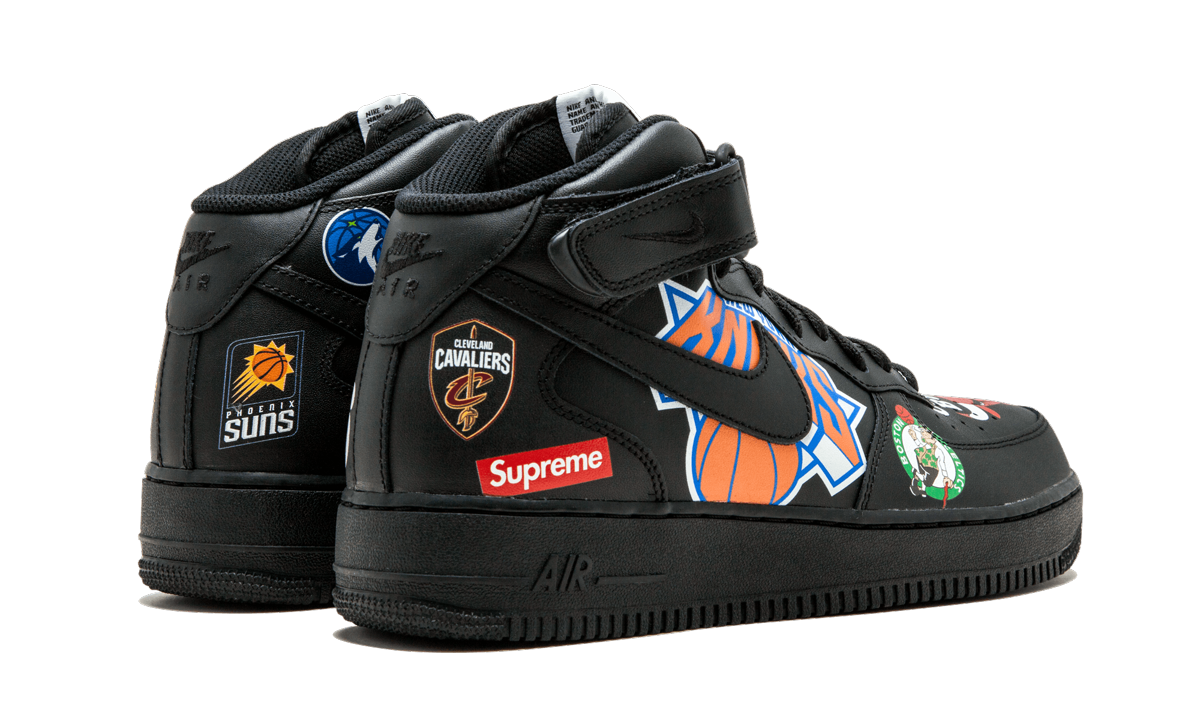 nike air force 1 mid supreme nba black+AQ8017-001+diagnol right behind view