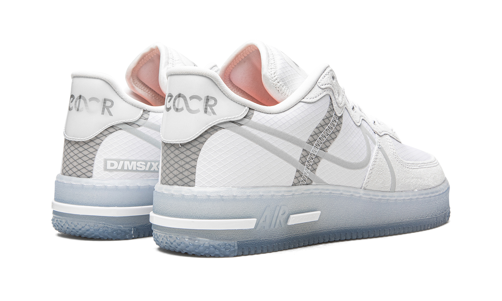 nike air force 1 react white light bone+CQ8879-100+diagnol right behind view