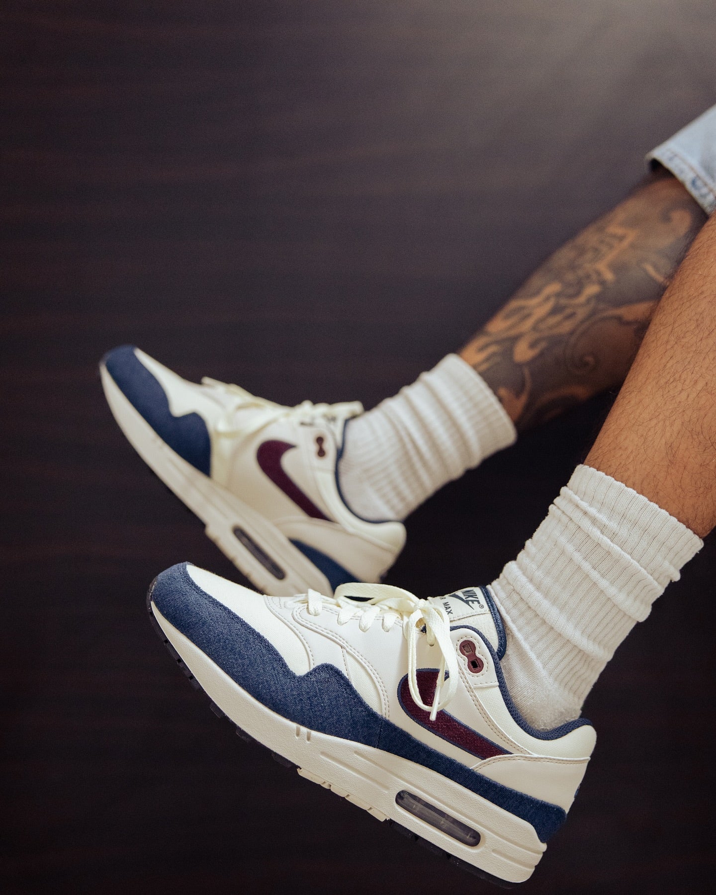 Nike Air Max 1 Coconut Milk Burgundy Crush Navy, Lifestyle View 4, SKU FN6952-103