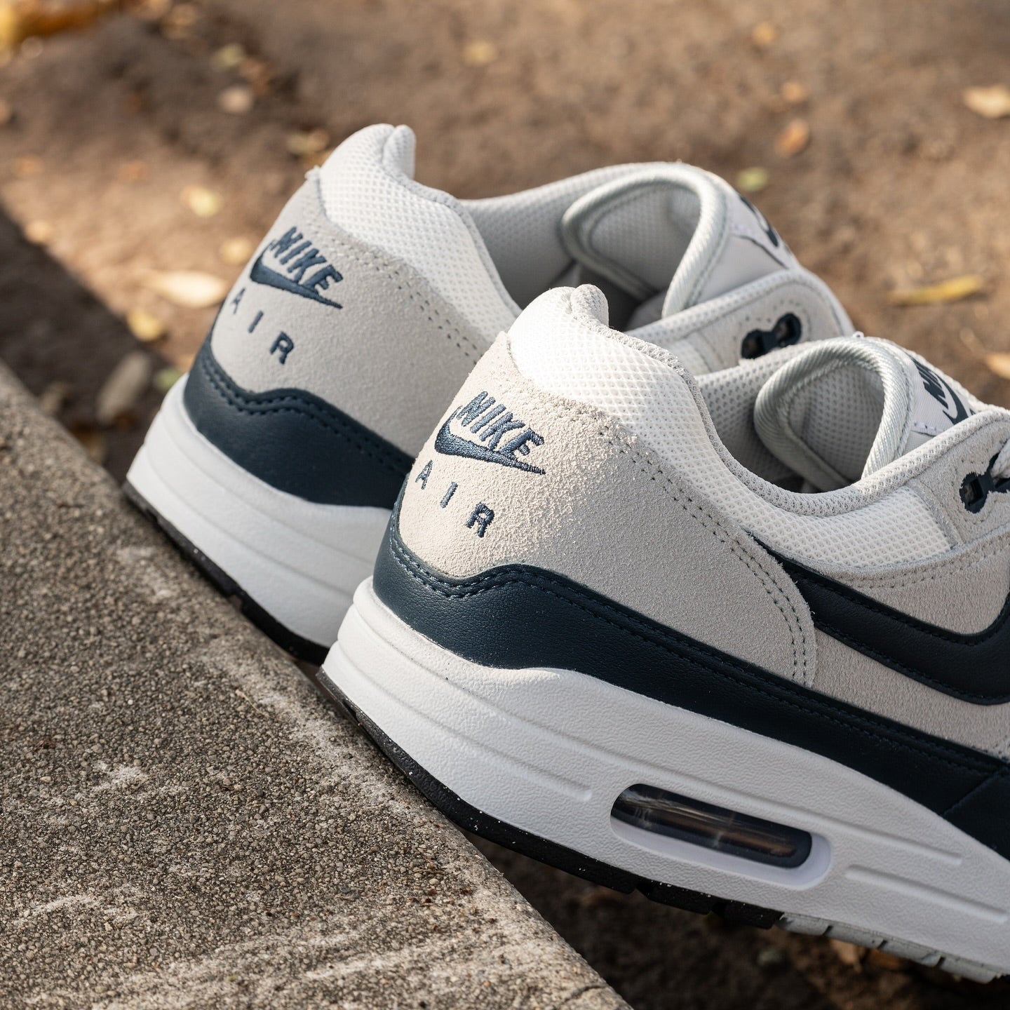 Nike Air Max 1 Essential Summit White Armory Navy, Lifestyle View 1, SKU FZ5808-103