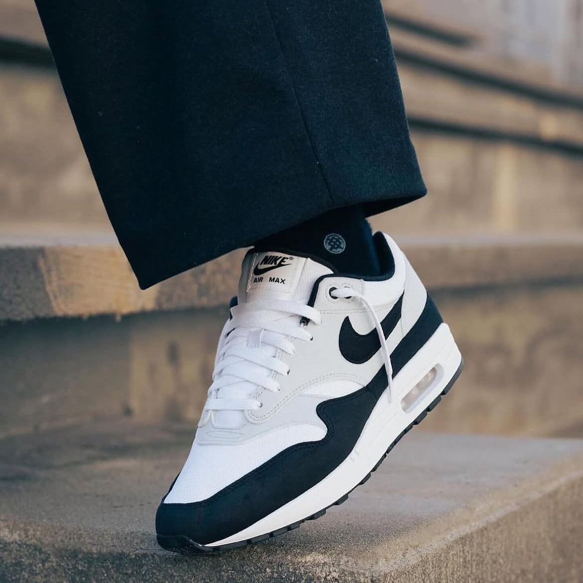 Nike Air Max 1 Essential White Pure Platinum Black, Lifestyle View 1, SKU FZ5808-102