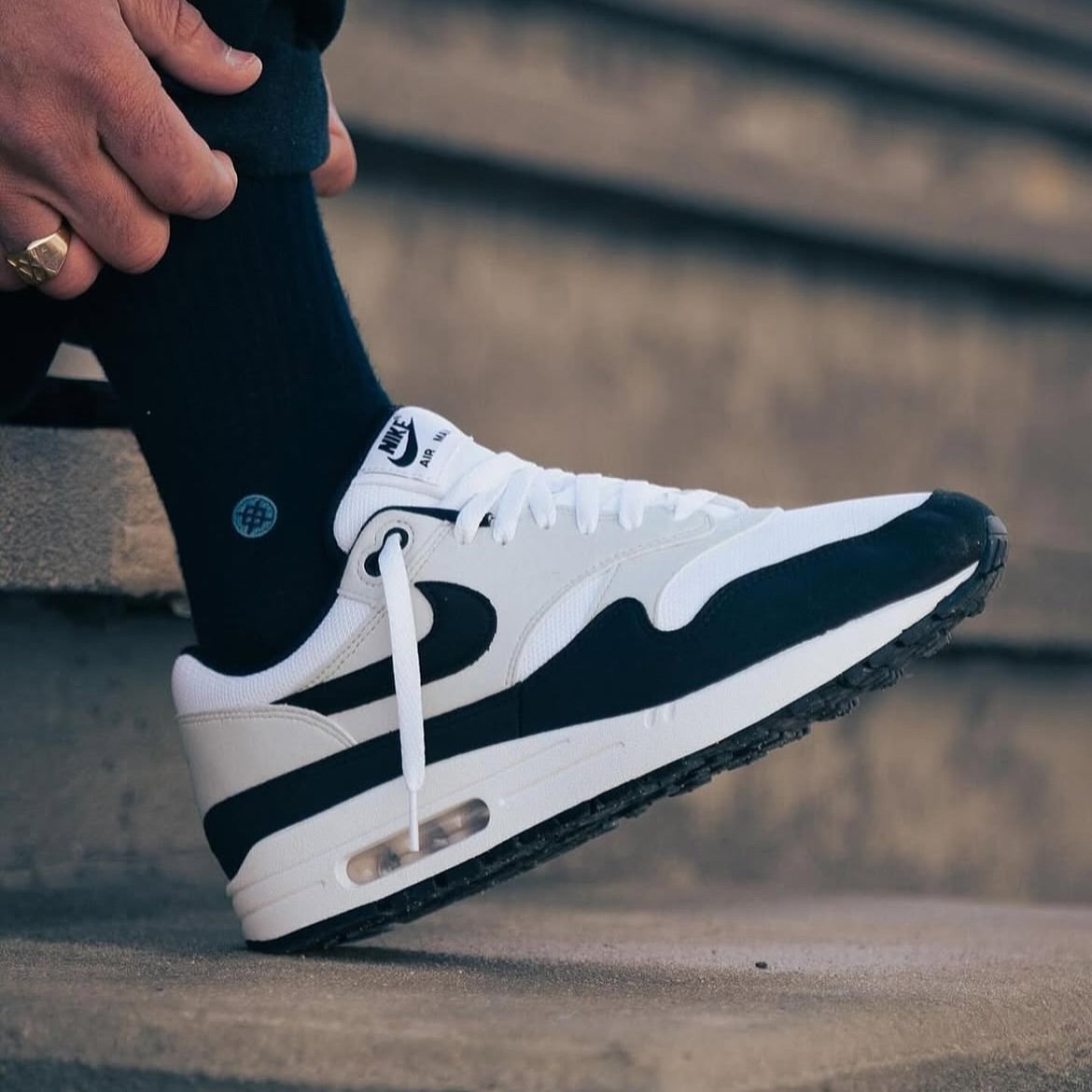 Nike Air Max 1 Essential White Pure Platinum Black, Lifestyle View 3, SKU FZ5808-102