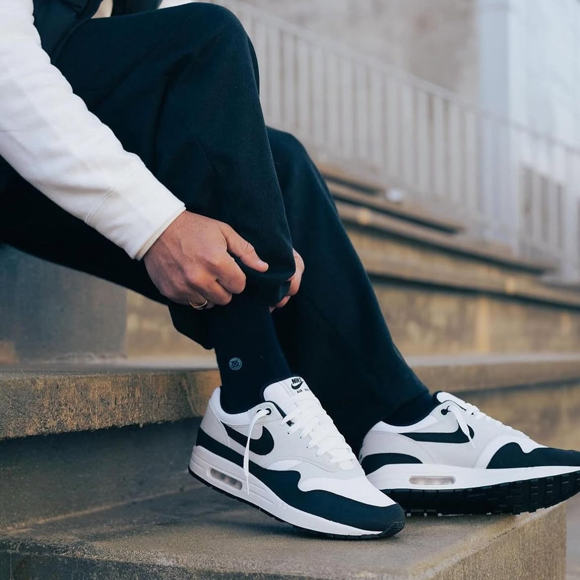 Nike Air Max 1 Essential White Pure Platinum Black, Lifestyle View 4, SKU FZ5808-102