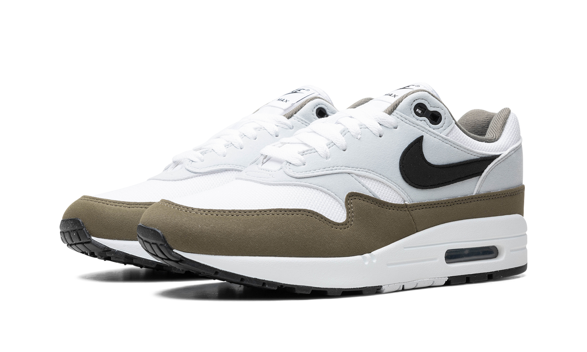 nike air max 1 white black medium olive+FD9082-102+diagnol left view