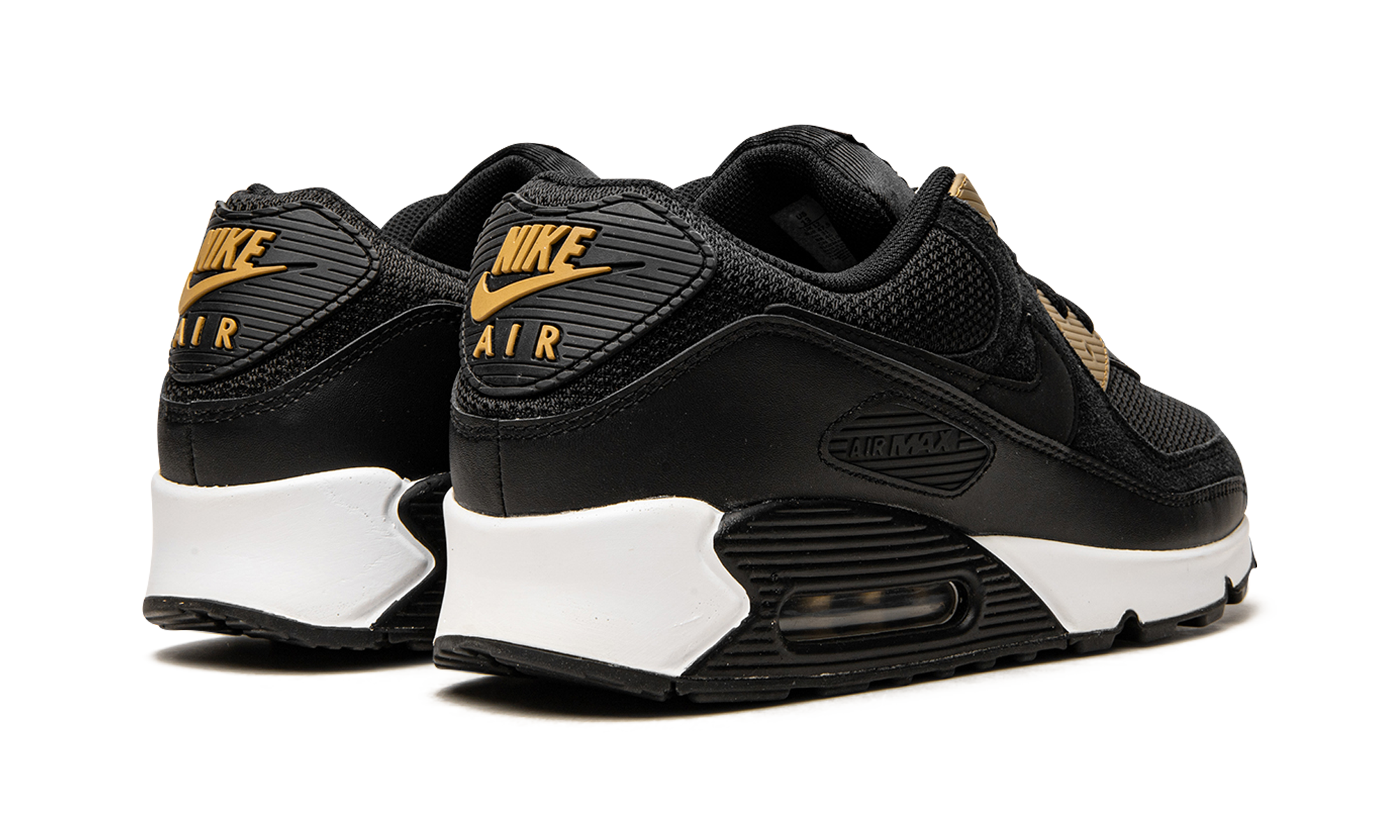 nike air max 90 black gold+DM7557-001+diagnol right behind view
