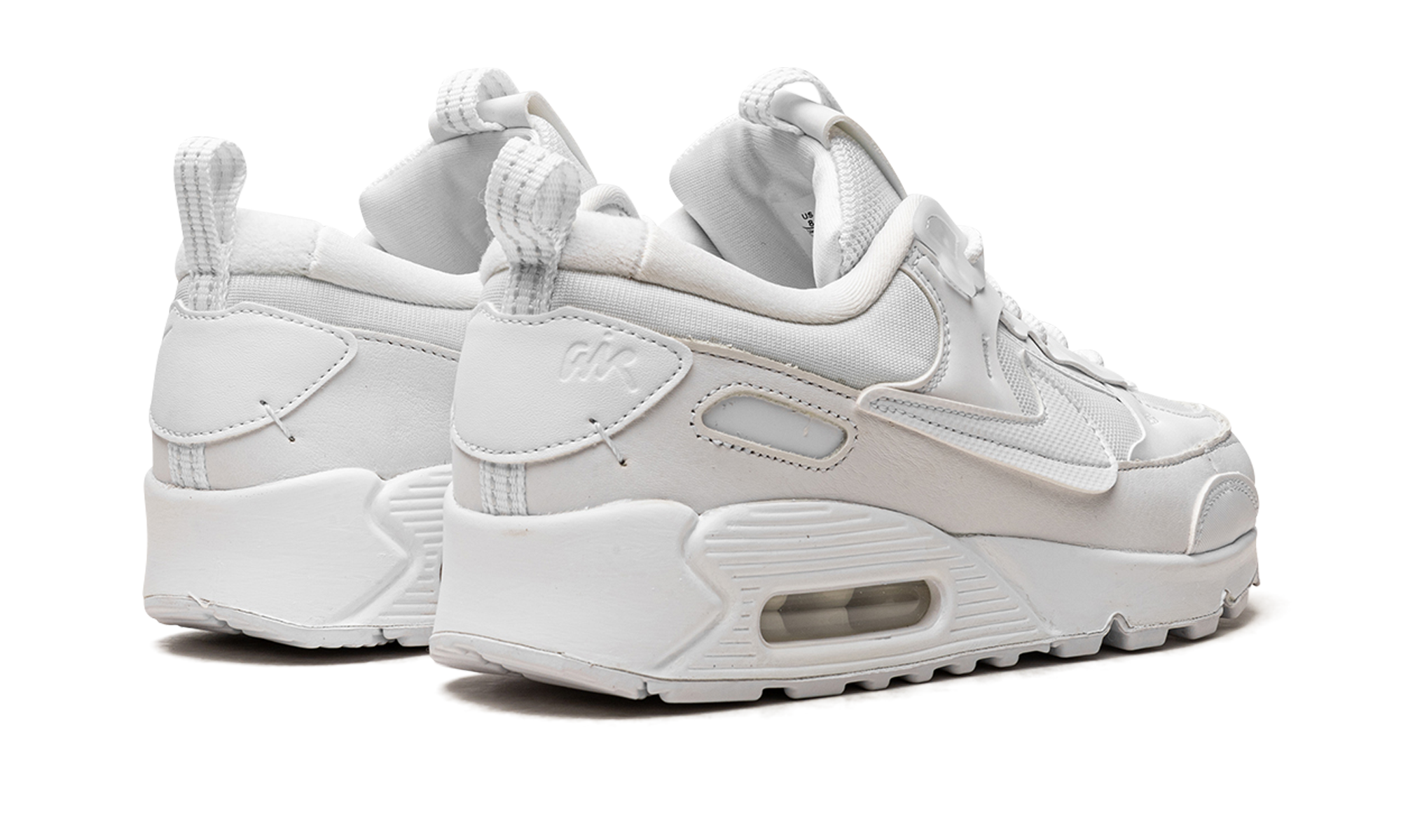 nike air max 90 futura triple white women s+DM9922-101+diagnol right behind view