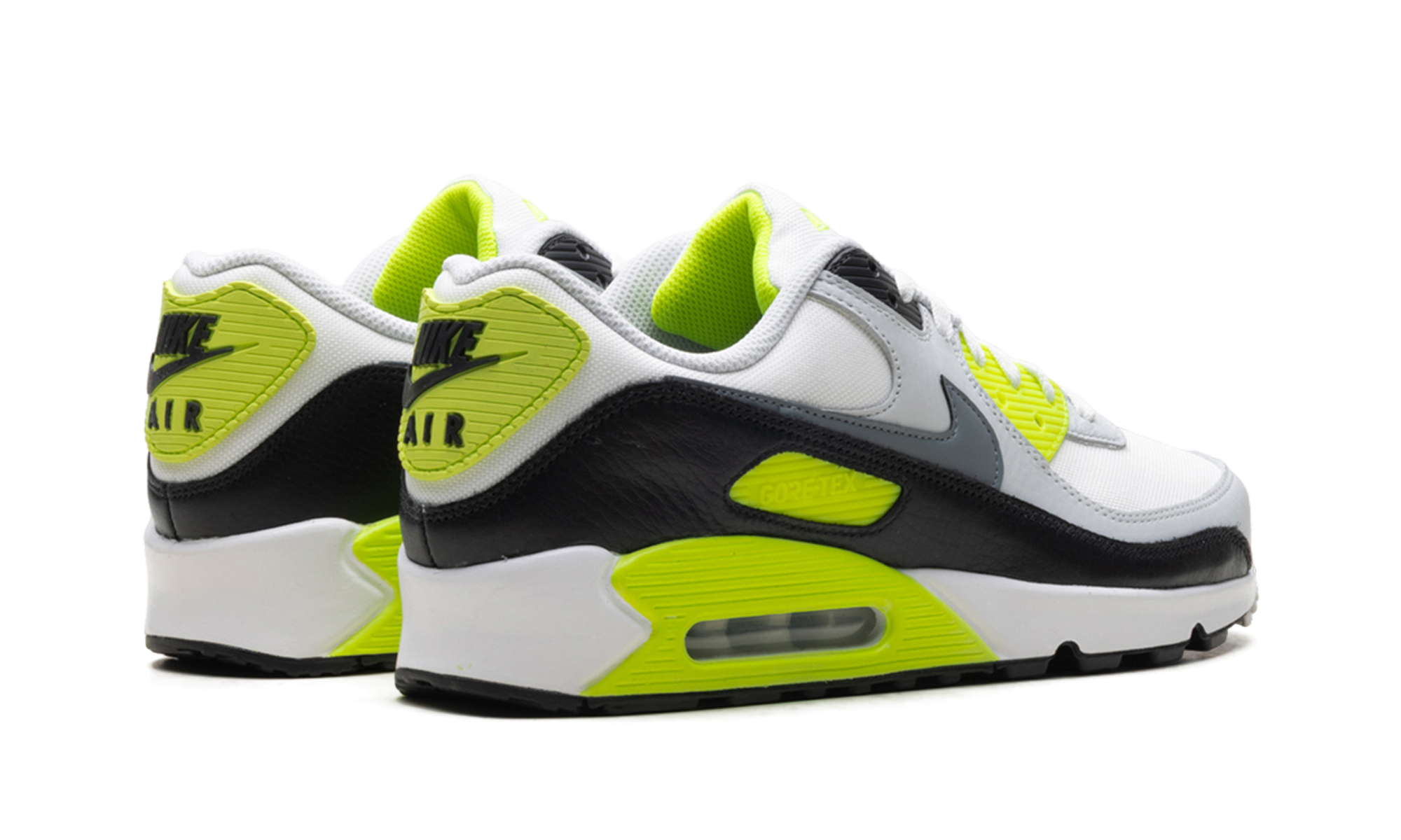 nike air max 90 gore tex summit white volt black cool grey+FD5810-102+diagnol right behind view