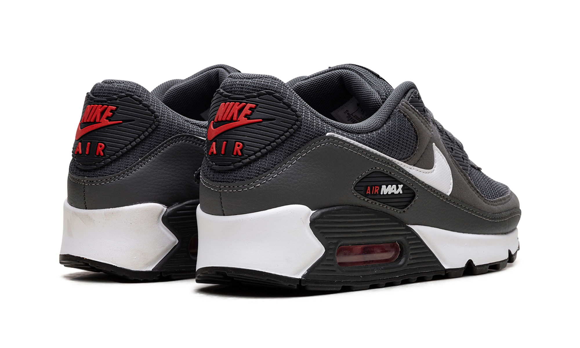 nike air max 90 iron grey university red+DR0145-003+diagnol right behind view