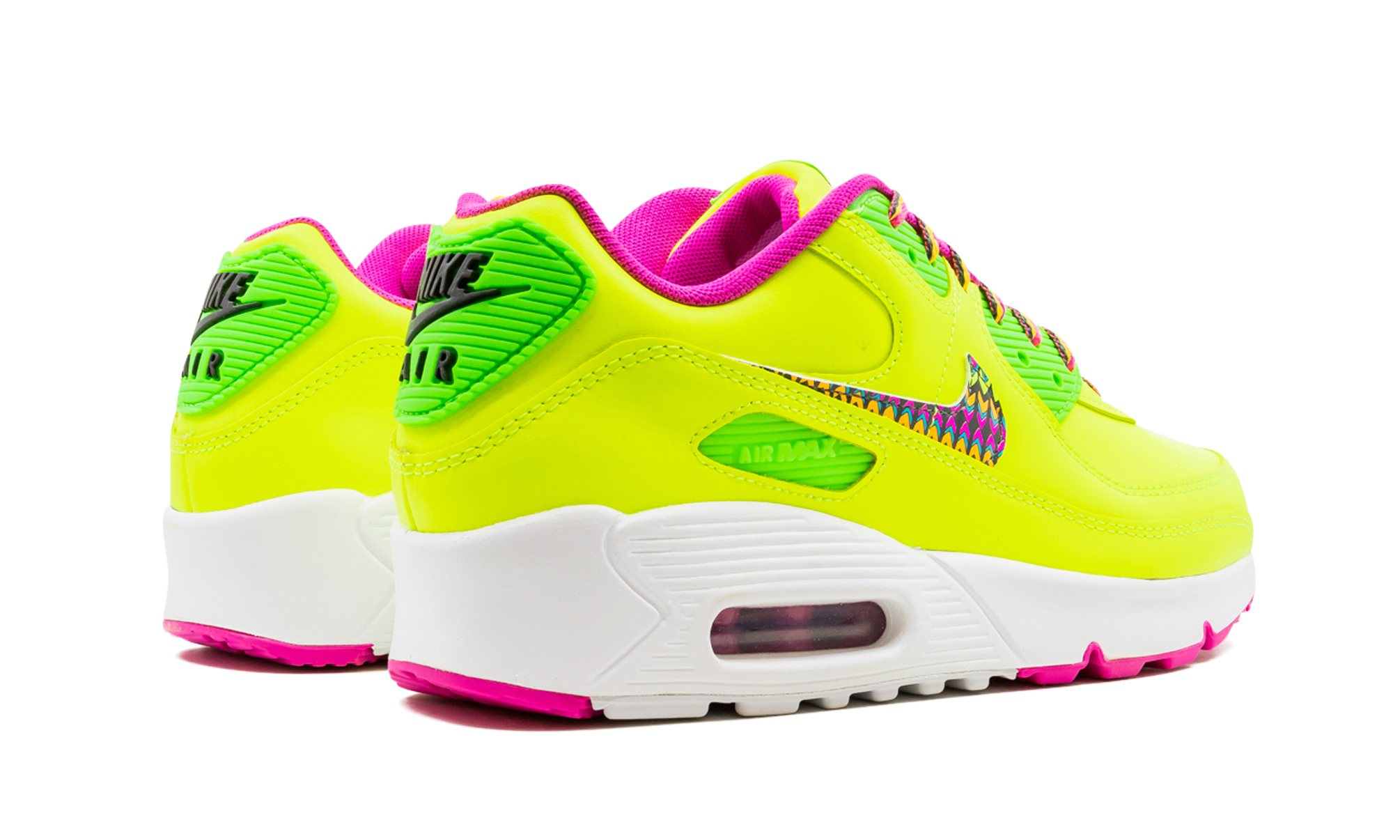 nike air max 90 leather volt fire pink gs+CW5795-700+diagnol right behind view