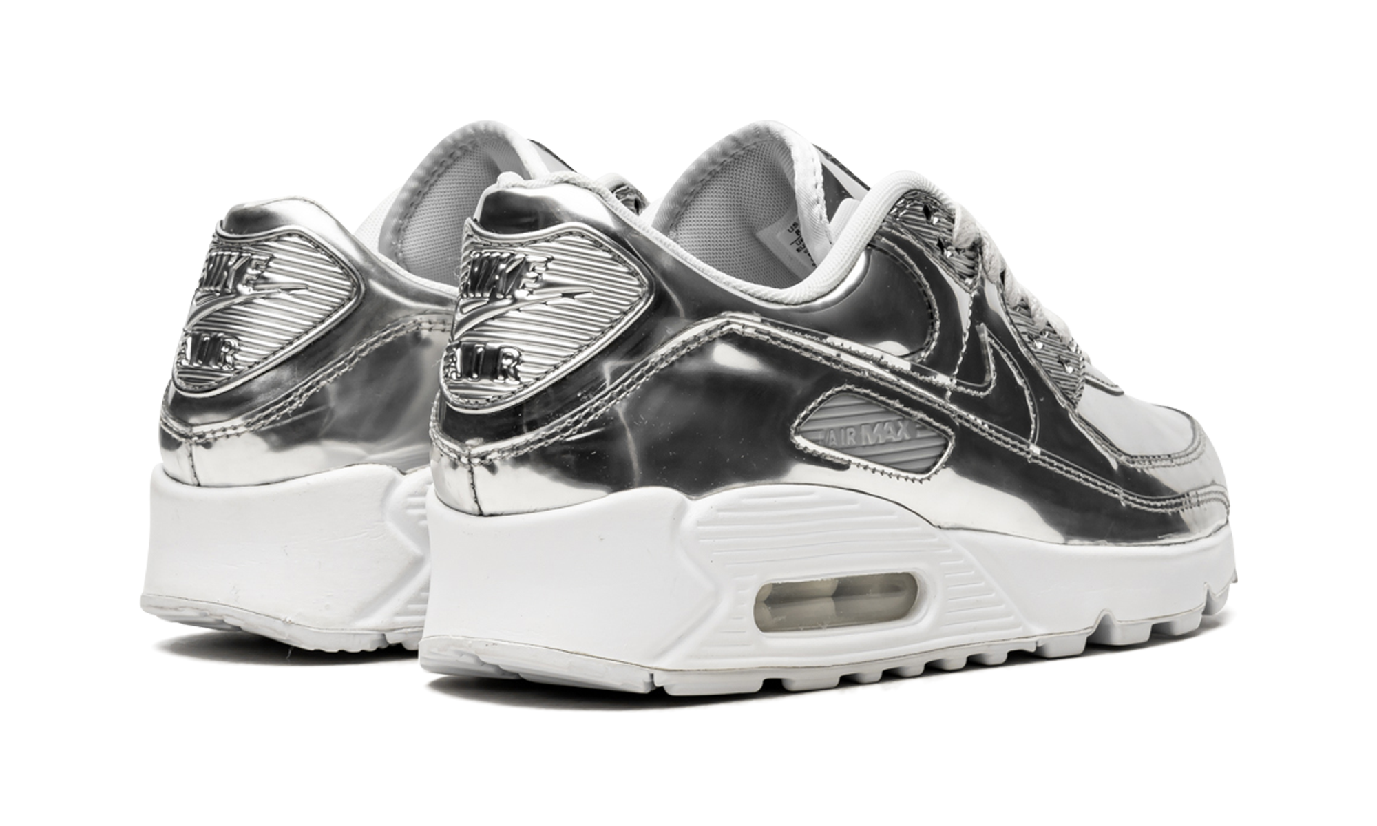 nike air max 90 metallic silver 2020 women s+CQ6639-001+diagnol right behind view