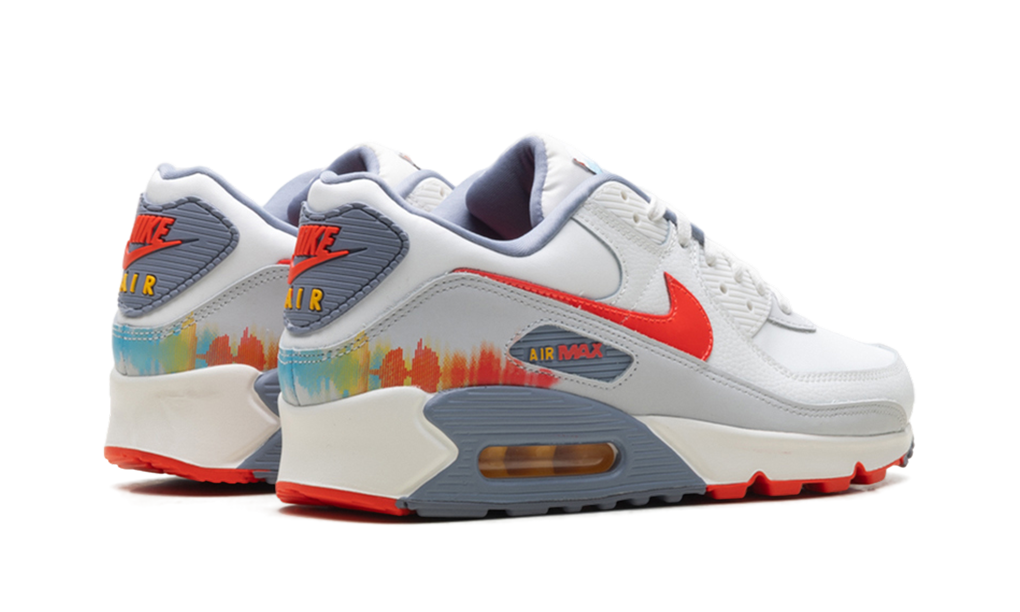 nike air max 90 premium summit white ashen slate pure platinum bright crimson+HJ9147-121+diagnol right behind view