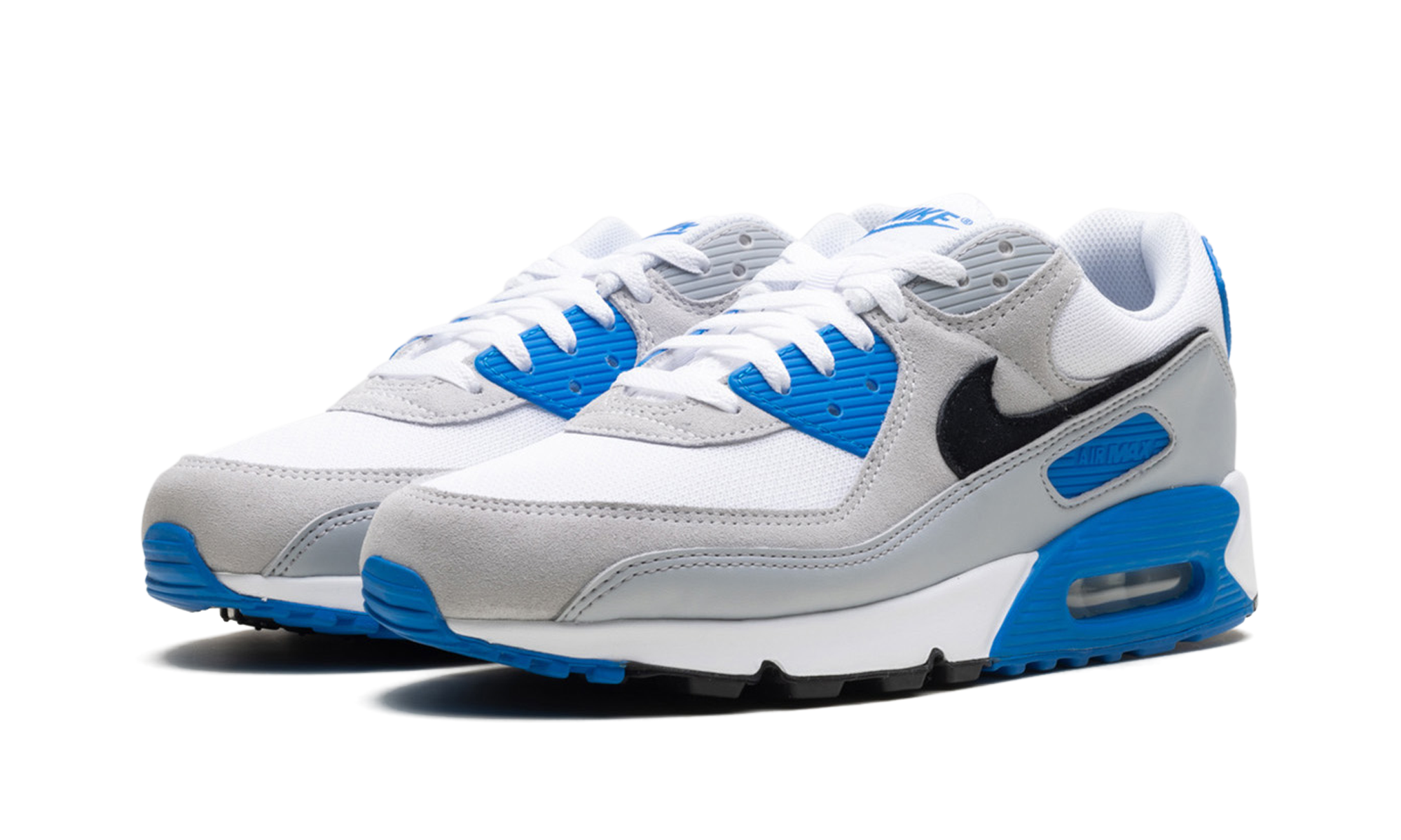 nike air max 90 pure platinum photo blue+FN6958-102+diagnol left view