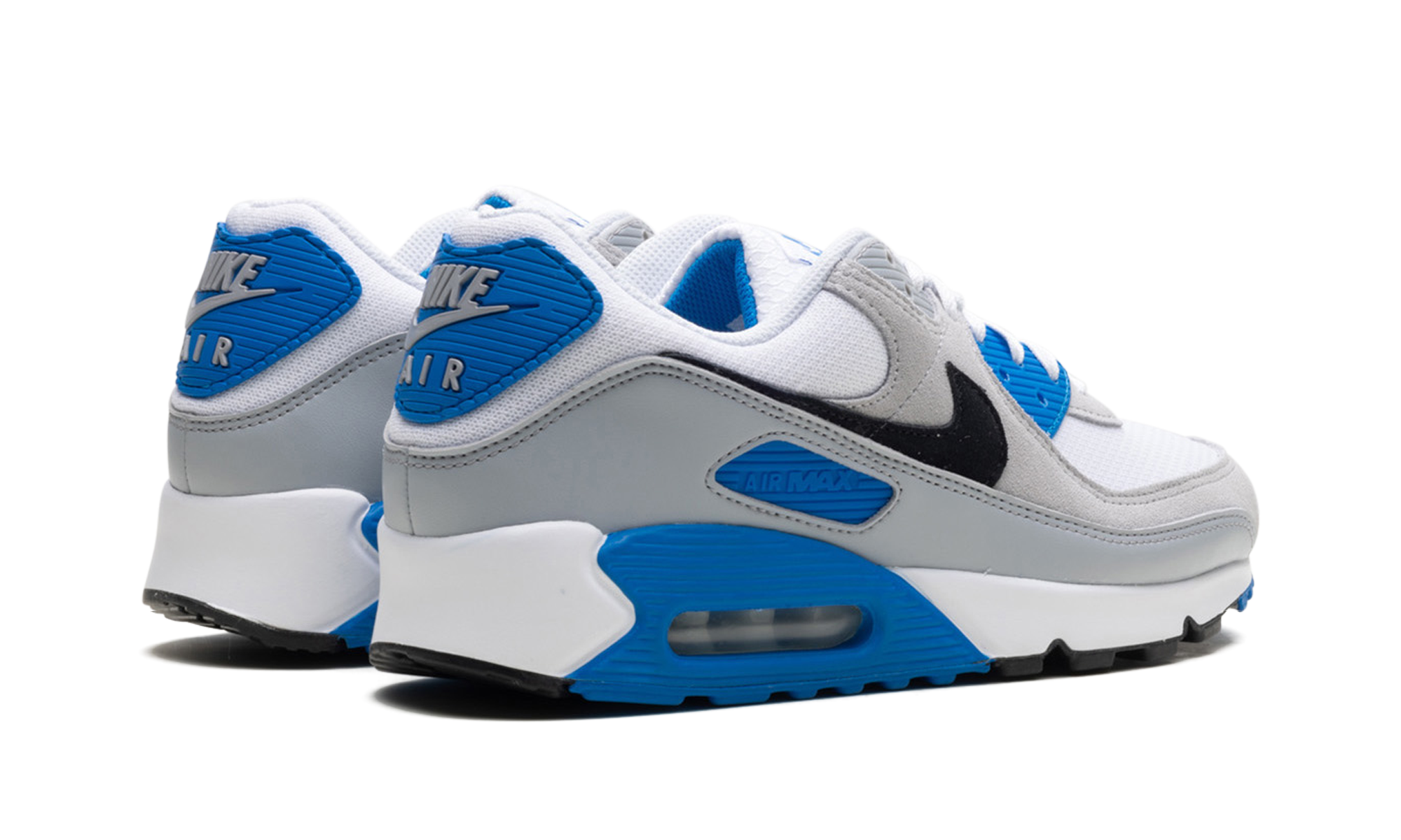 nike air max 90 pure platinum photo blue+FN6958-102+diagnol right behind view