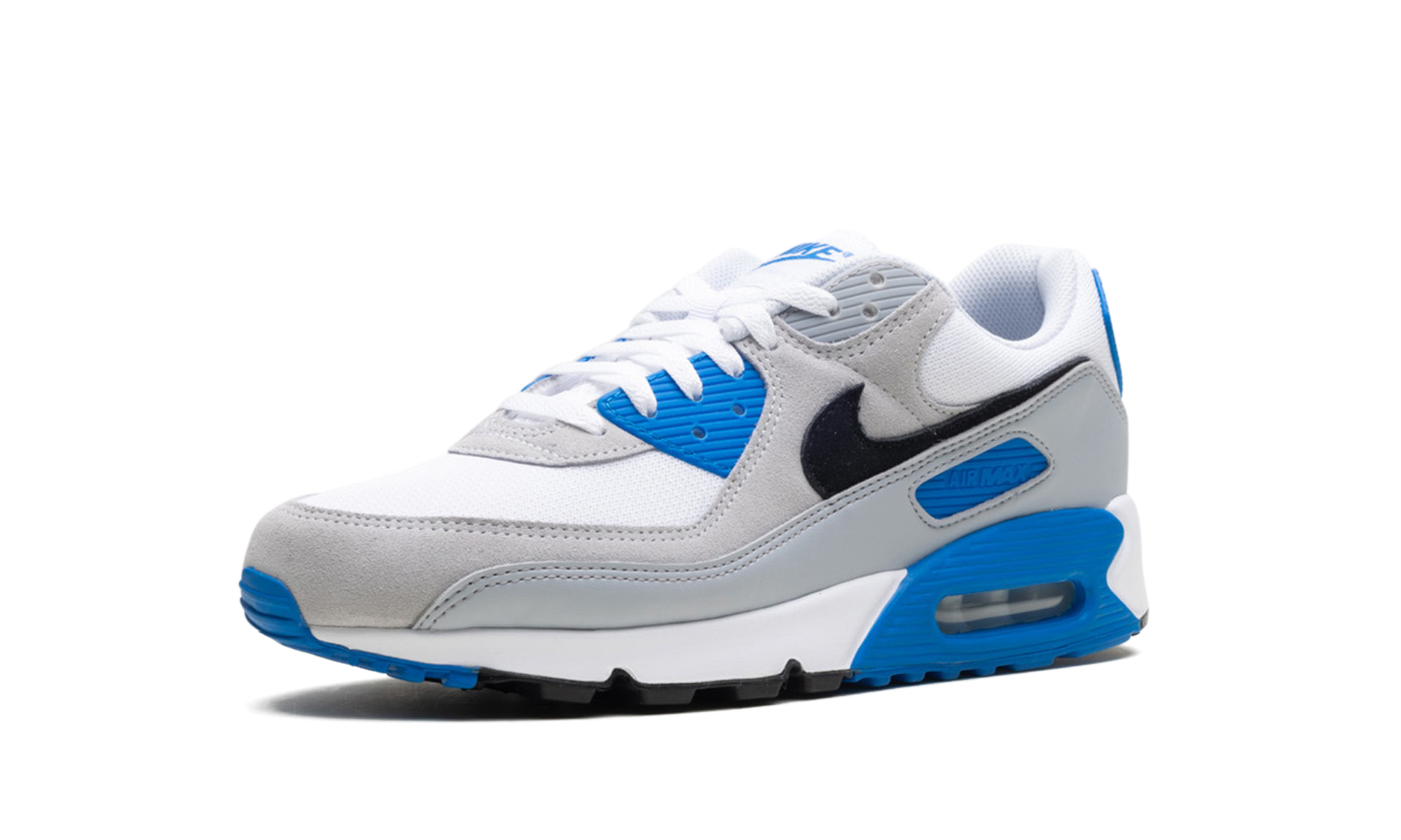 nike air max 90 pure platinum photo blue+FN6958-102+left diagnol single view