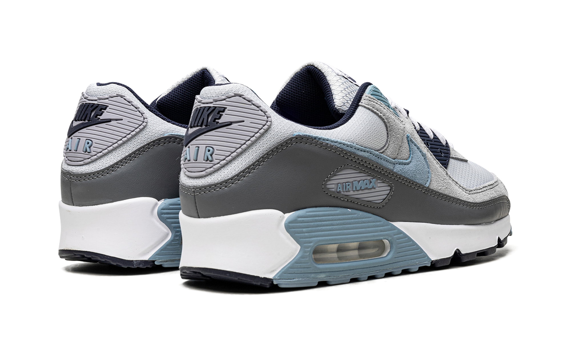 nike air max 90 pure platinum warm blue+DM0029-003+diagnol right behind view