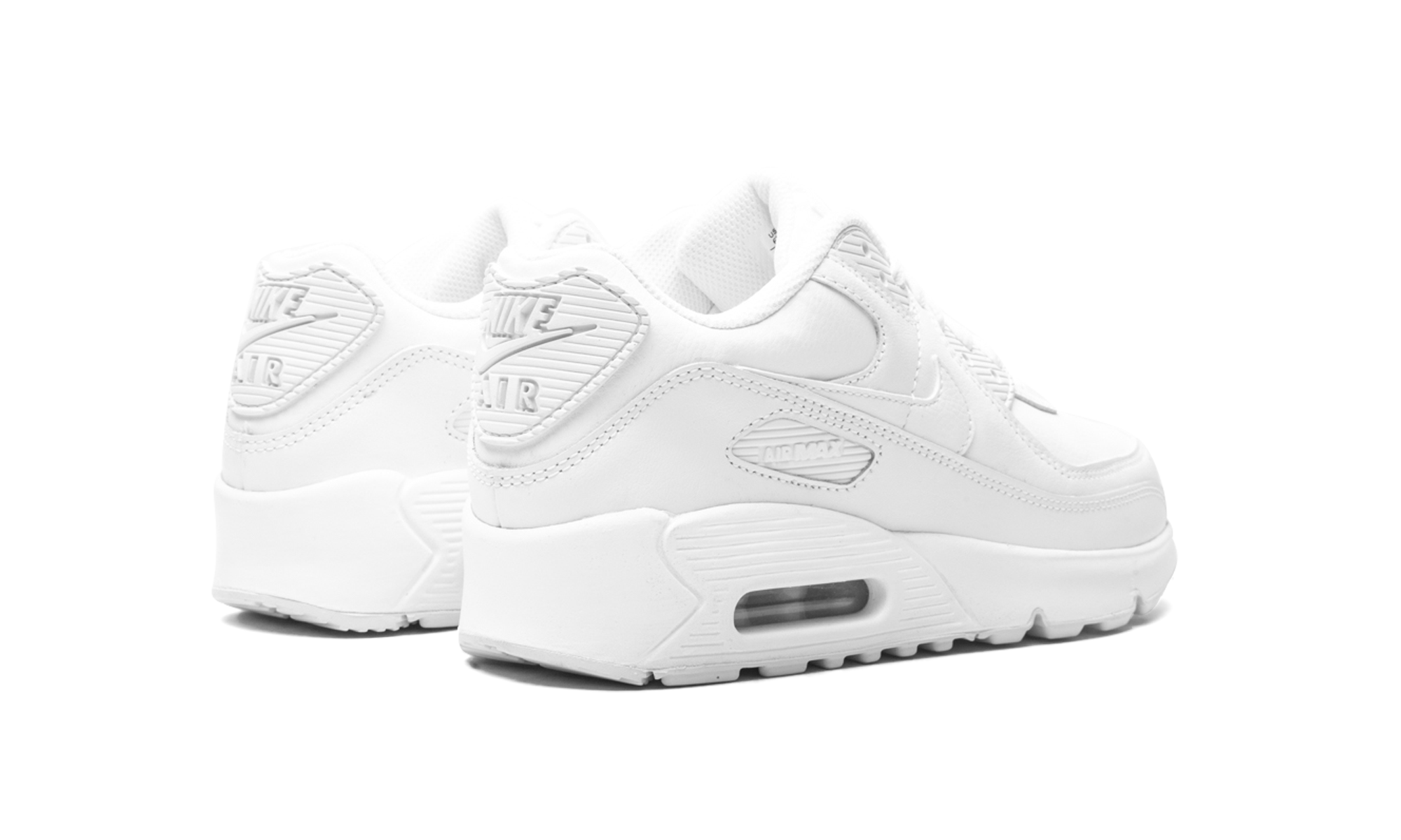 nike air max 90 recraft triple white gs+CD6864-100+diagnol right behind view