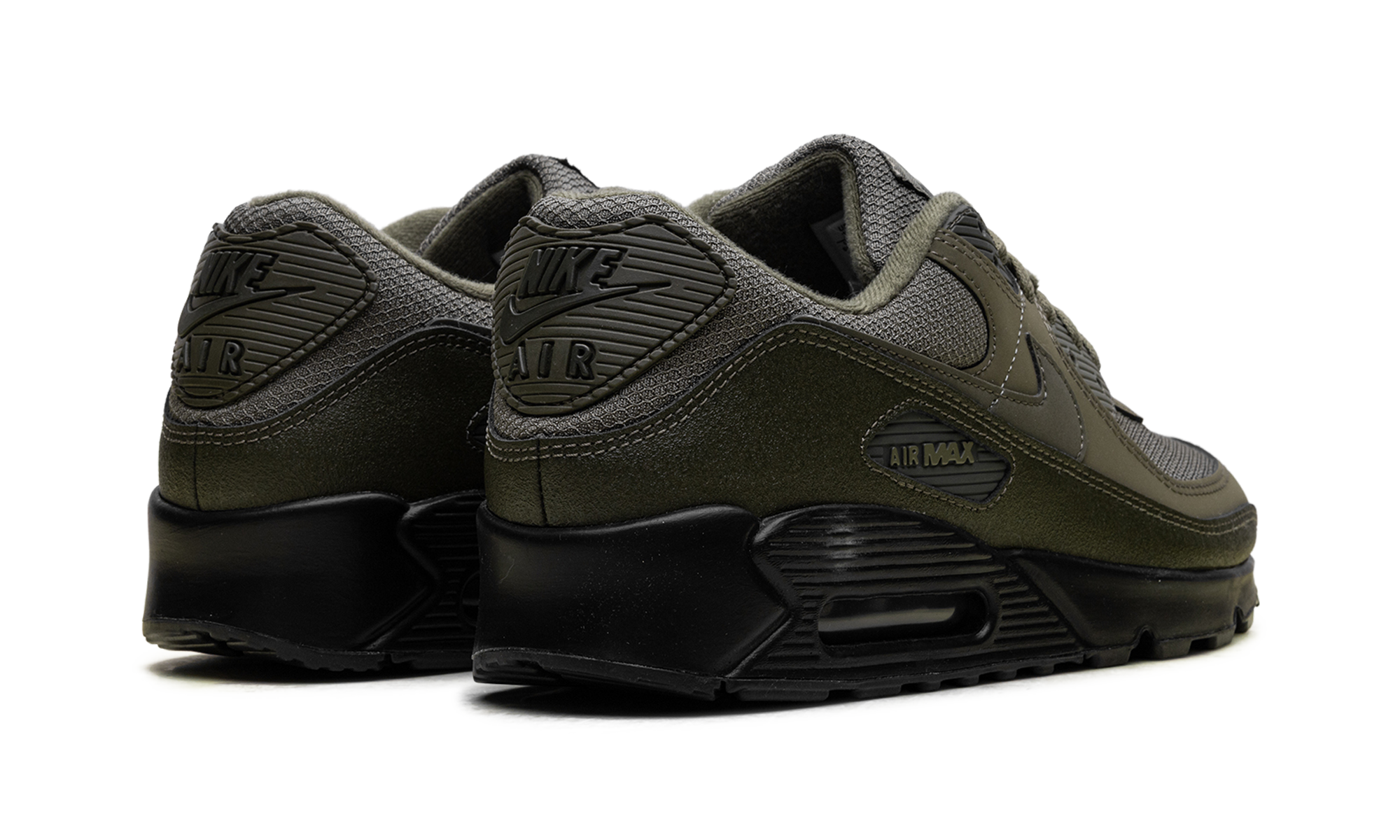 nike air max 90 reflective swoosh medium olive+HQ3828-200+diagnol right behind view