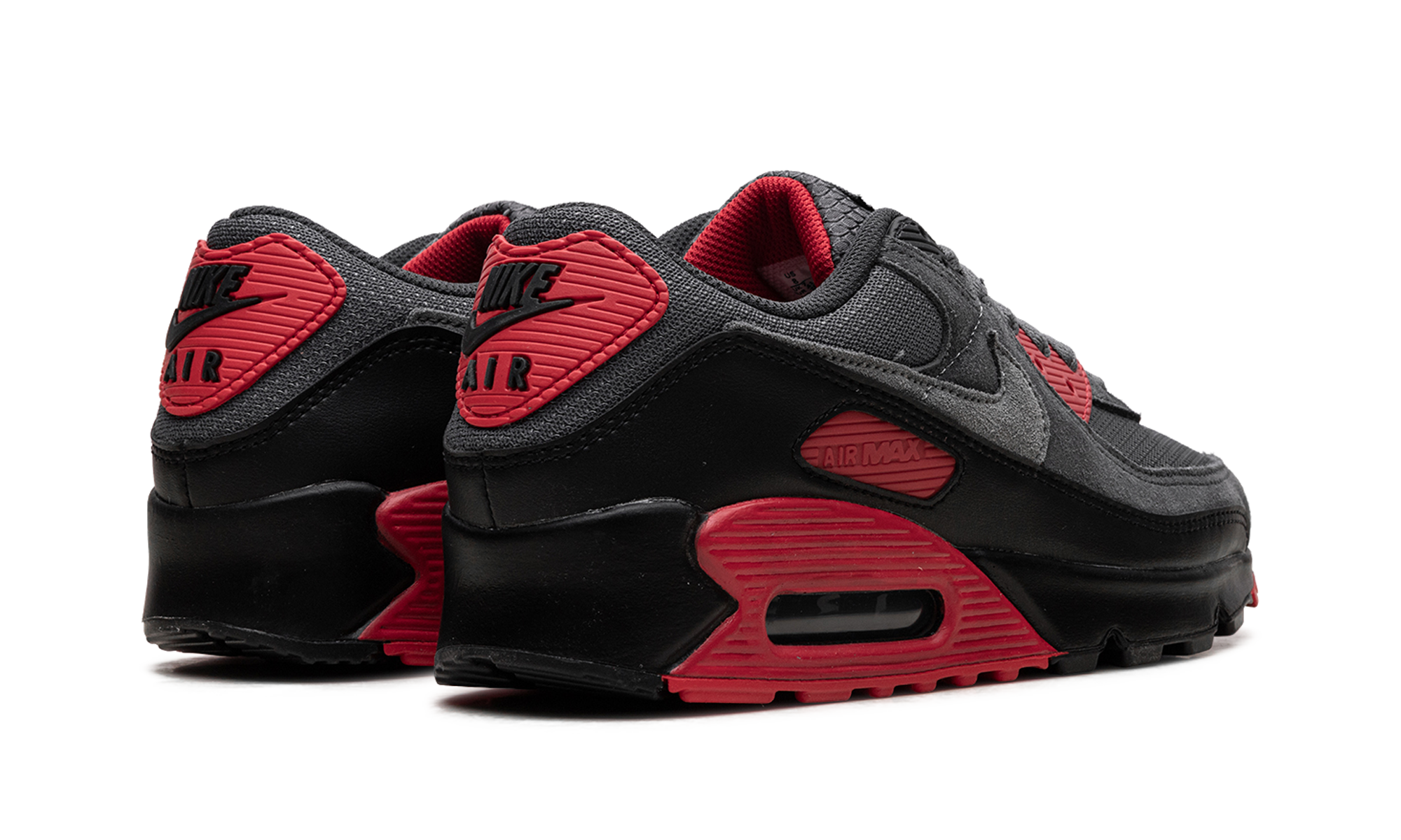 nike air max 90 smoke grey fire red+DM0029-007+diagnol right behind view