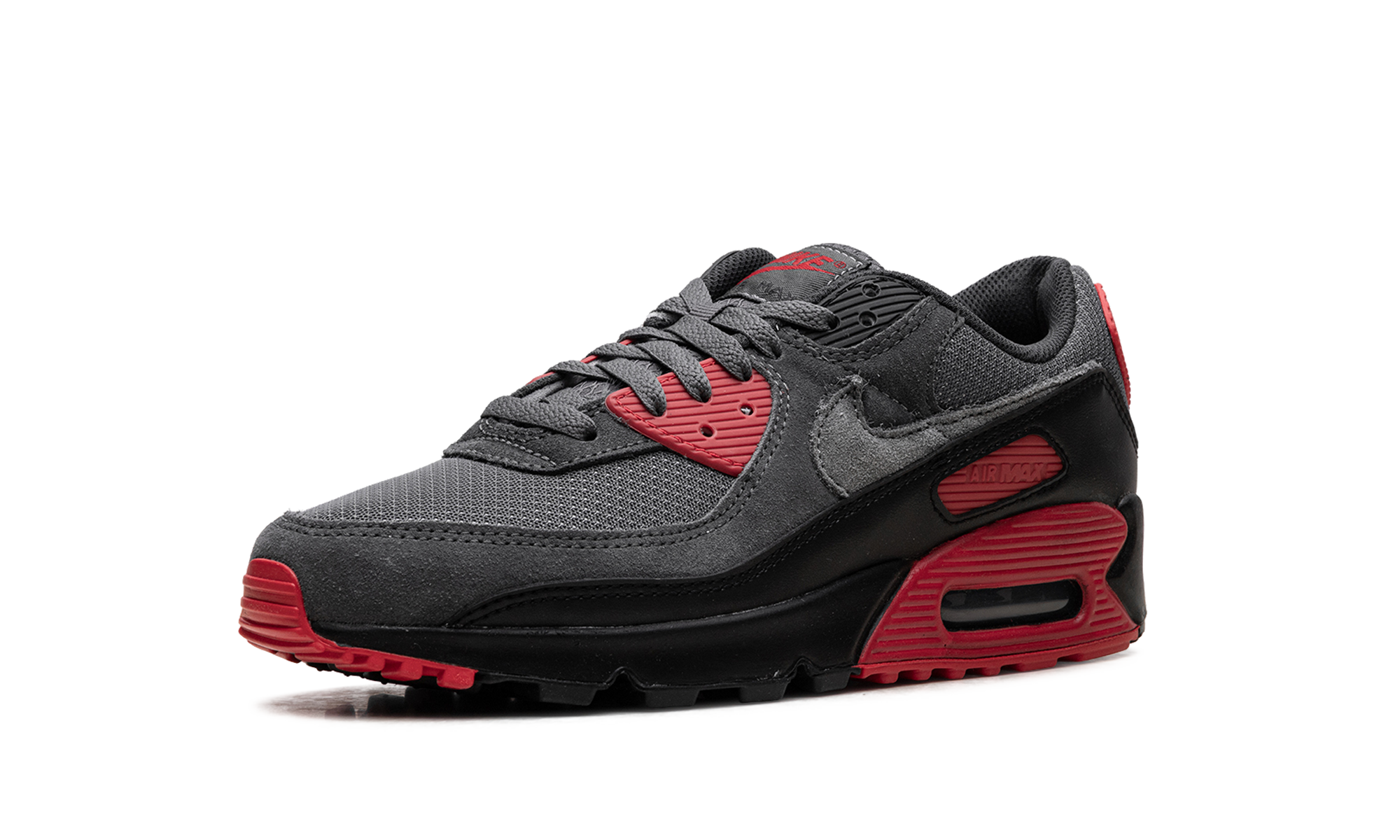 nike air max 90 smoke grey fire red+DM0029-007+left diagnol single view
