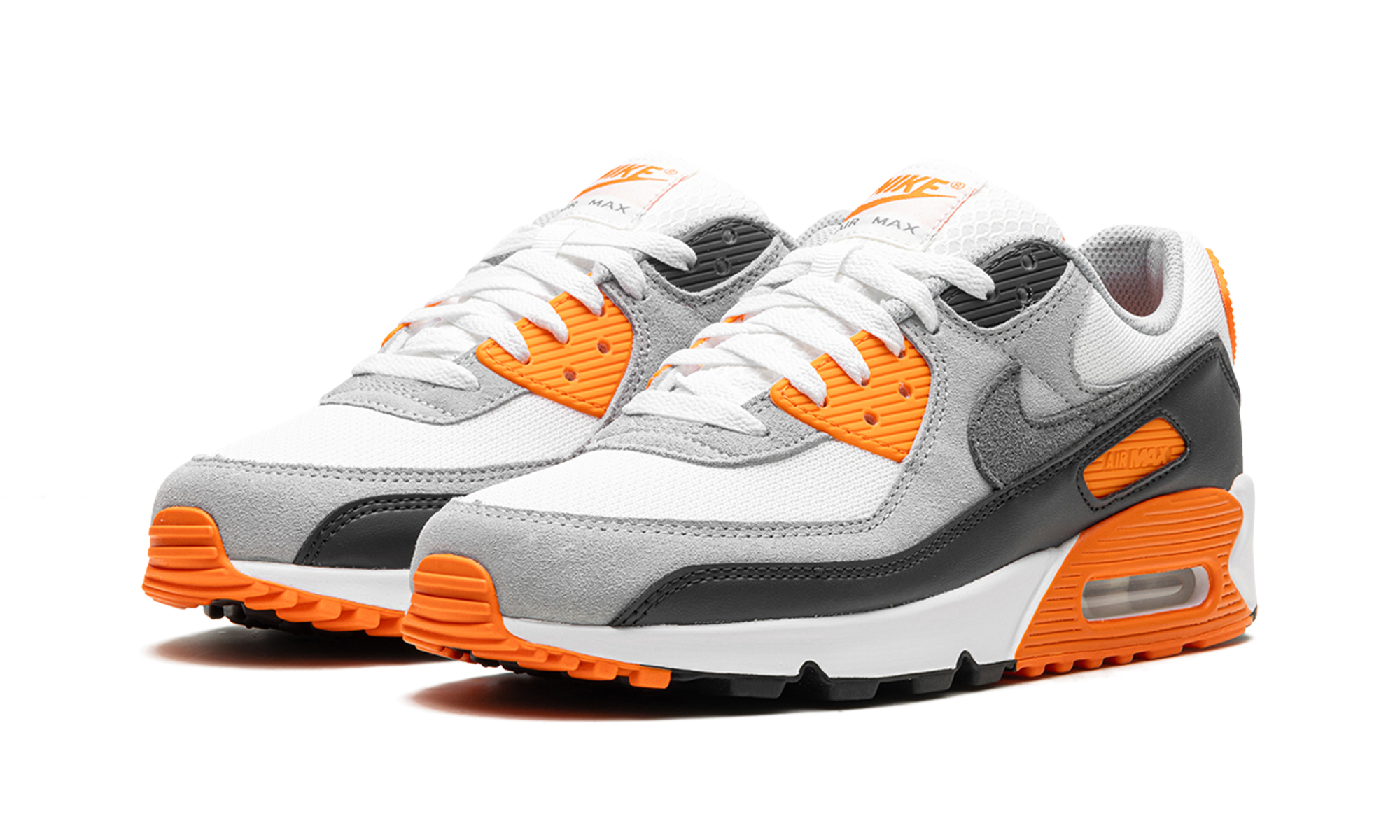 nike air max 90 summit white safety orange dark smoke grey smoke grey+DM0029-108+diagnol left view