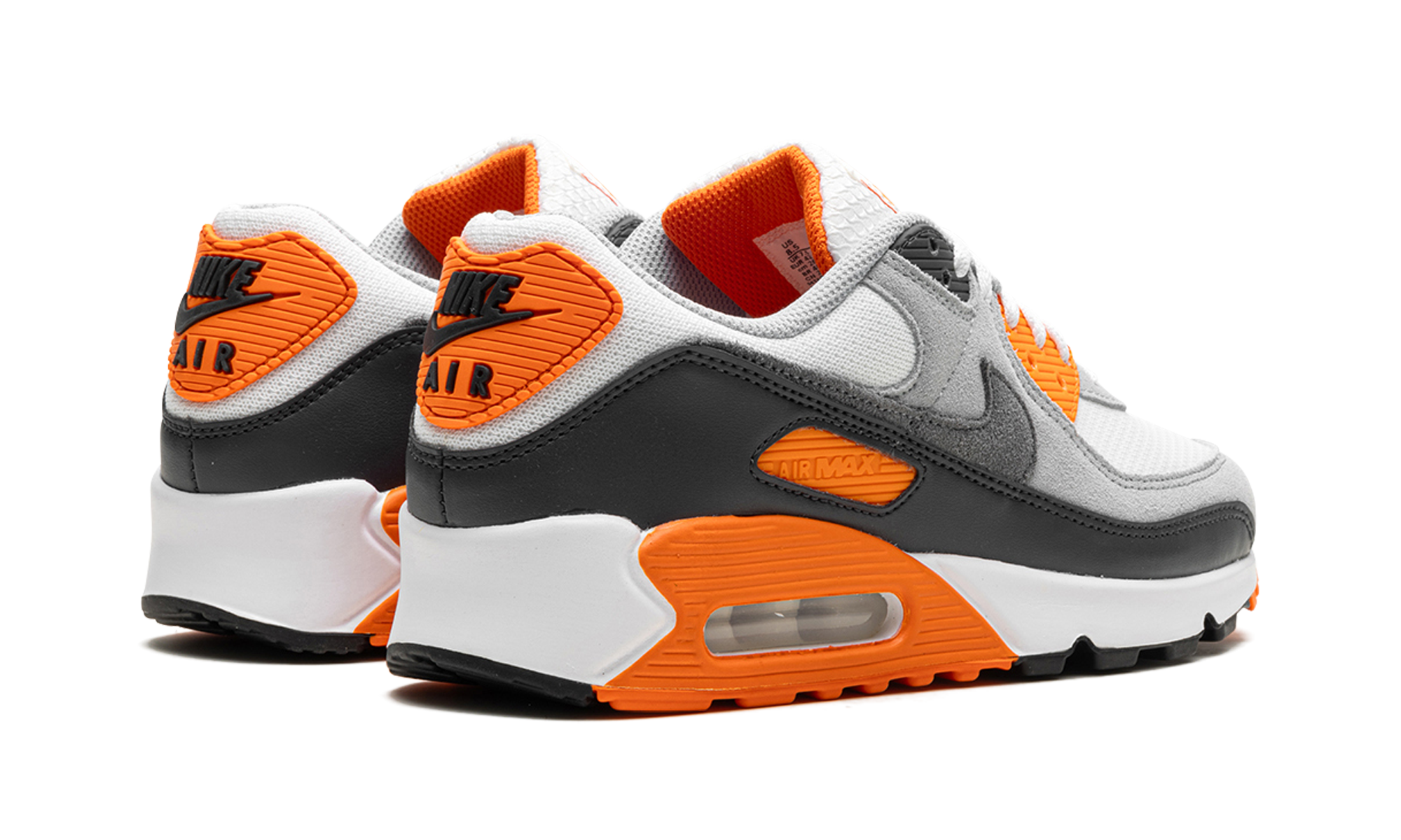 nike air max 90 summit white safety orange dark smoke grey smoke grey+DM0029-108+diagnol right behind view
